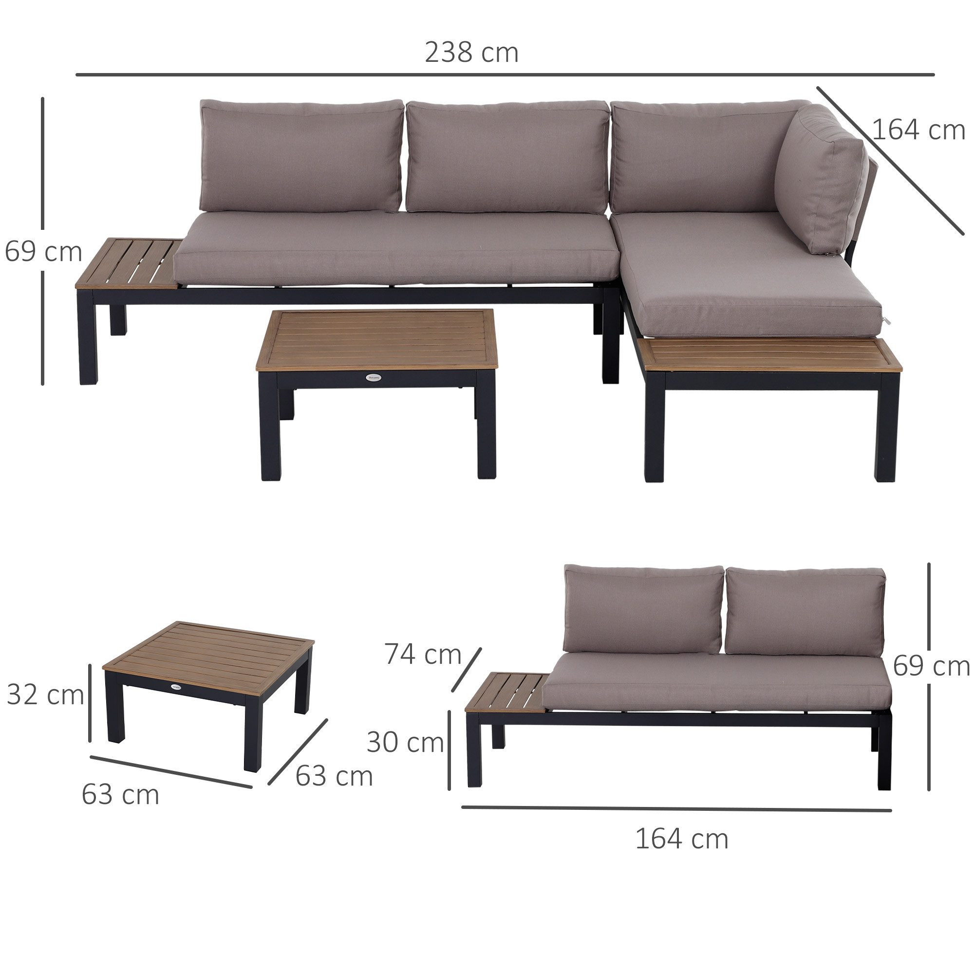 Outsunny Sitzgruppe 3-teiliges Gartenmöbel-Set mit Beistelltisch, Sofa mit Kissen, (Gartengruppe, 3-tlg., Gartensofa), Outdoor, Aluminium, 164 x 74 x 69 cm
