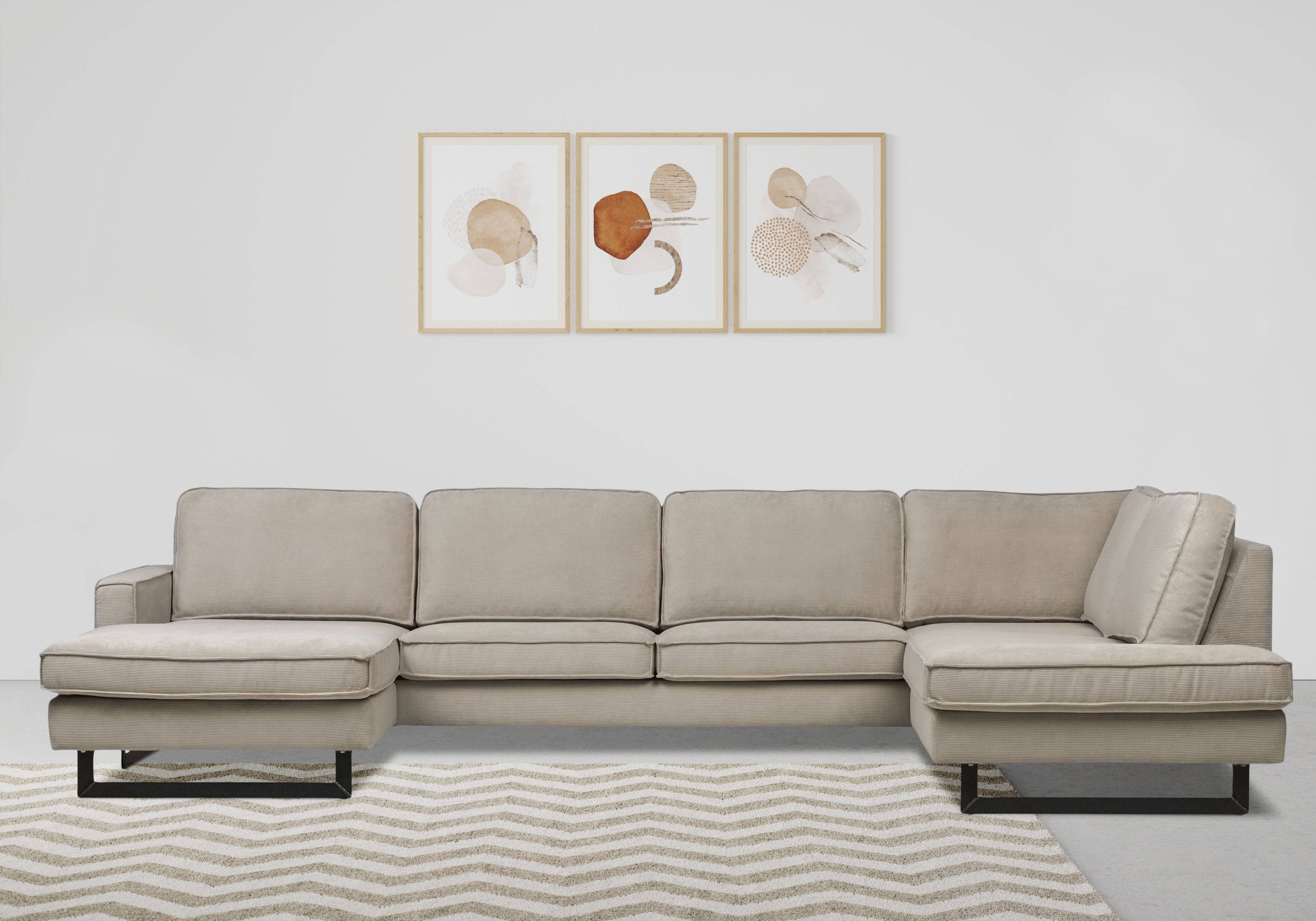 Places of Style Wohnlandschaft Pinto, 350 cm, U-Form, XXL, mit Ottomanen, Cord, Chenille, Lederoptik, mit Keder, Metallfüße, Wellenunterfederung