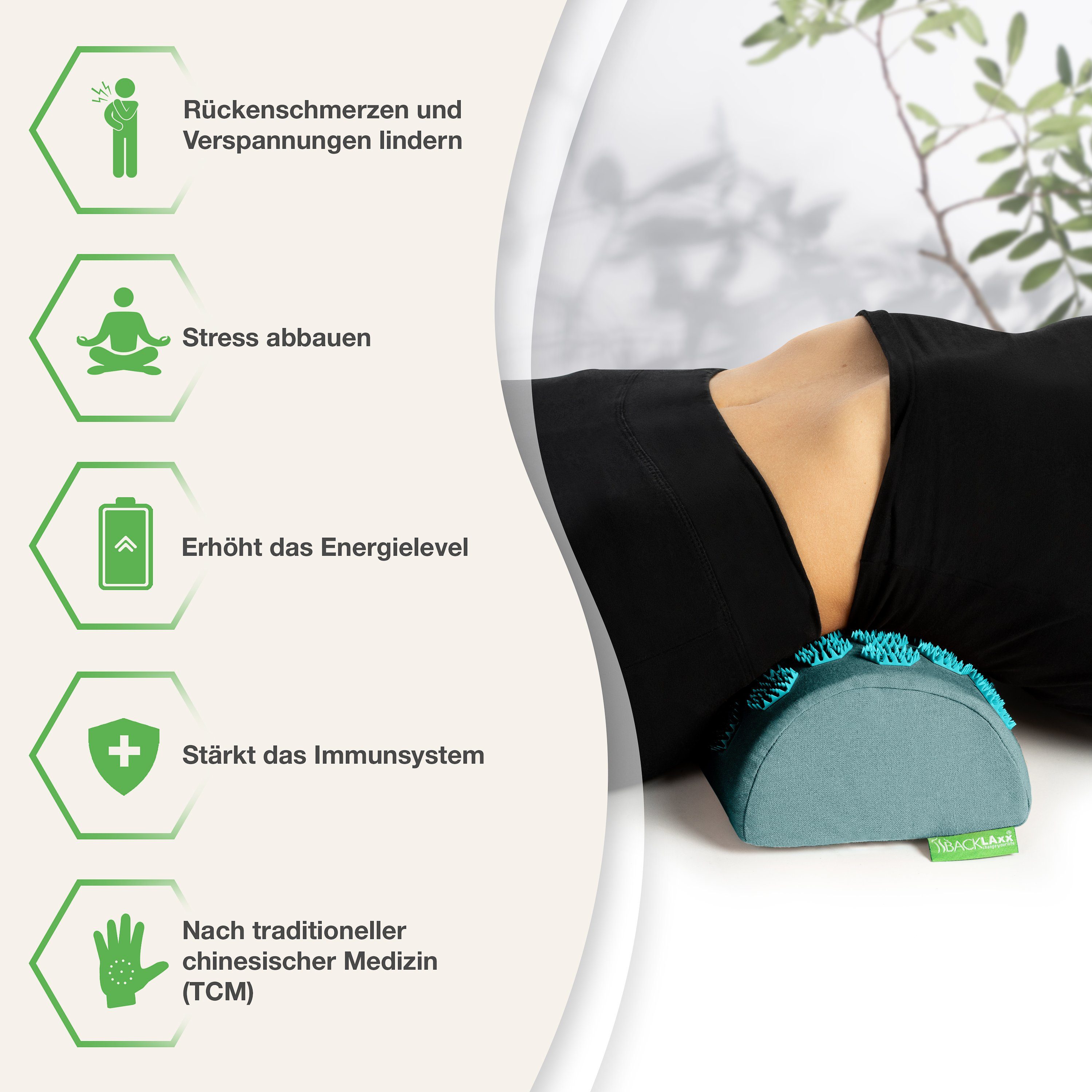 BACKLAxx® Nackenrolle Akupressur Nackenkissen, Akupressur Nackenrolle Set, mit 2592 Spitzen inkl. Videoguide, mit Befestigungsband für Büro Reise