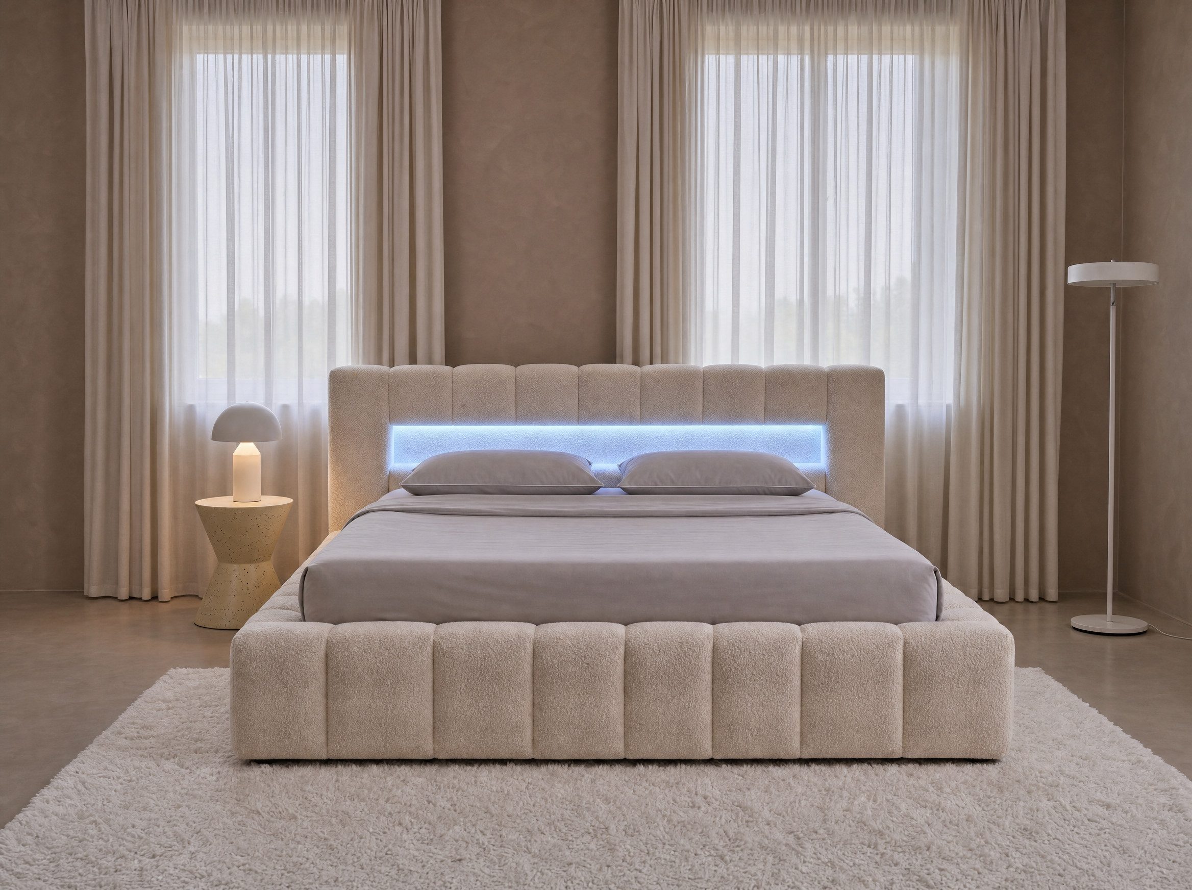 wonello Polsterbett Mira Lights (Komplett-Set), Bett mit LED, Bettkasten und Matratzen – eleganter Boucle-Stoff