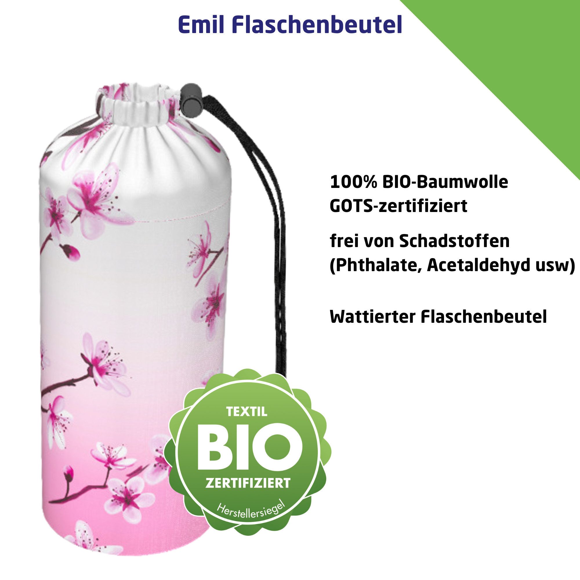 Emil Trinkflasche Bio Organic Glasflasche, isolierte Glasflasche, spülmaschinenfest, Auslaufsicher, 600ml