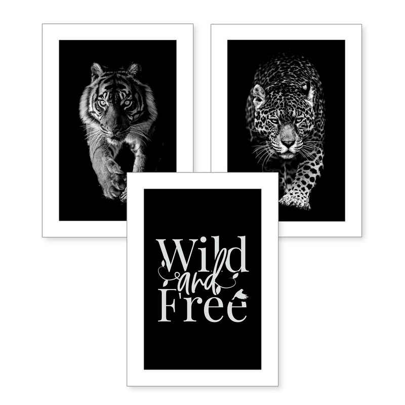 Kreative Feder Poster, Tiger, Leopard, Schwarz-Weiß, Tiere, Katze, Raubkatze, wild, free (Set, 3 St), 3-teiliges Poster-Set, Kunstdruck, Wandbild, optional mit Rahmen, wahlw. in DIN A4 / A3, 3-WP070
