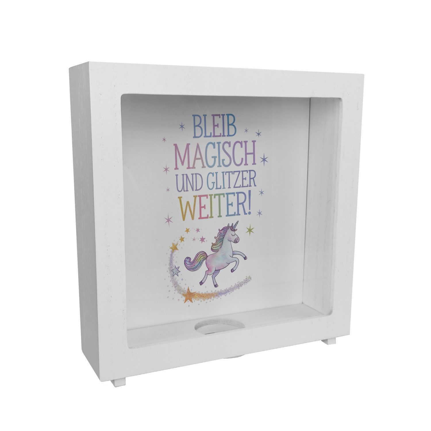 Spardose Einhorn mit Regenbogenmähne Rahmen Spardose aus Holz Bleib magisch
