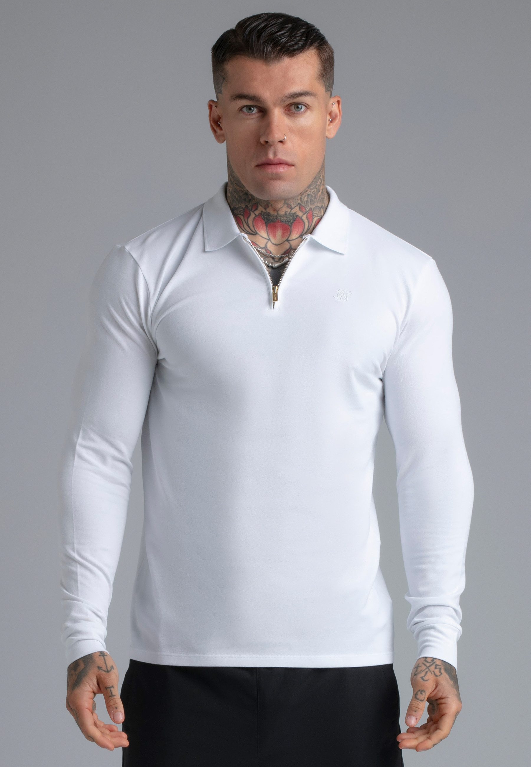 Siksilk T-Shirt SikSilk Herren Weißes Langarm Zip-Polo T-Shirt