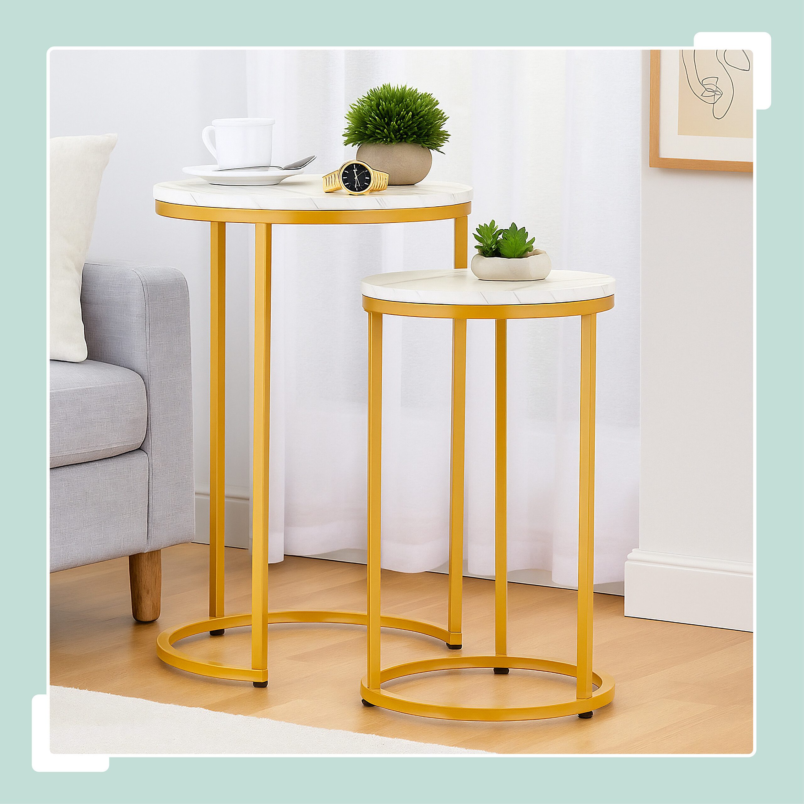 relaxdays Satztisch 2er Set Marmoroptik & Metall (2er Set), Weiß/Gold günstig online kaufen