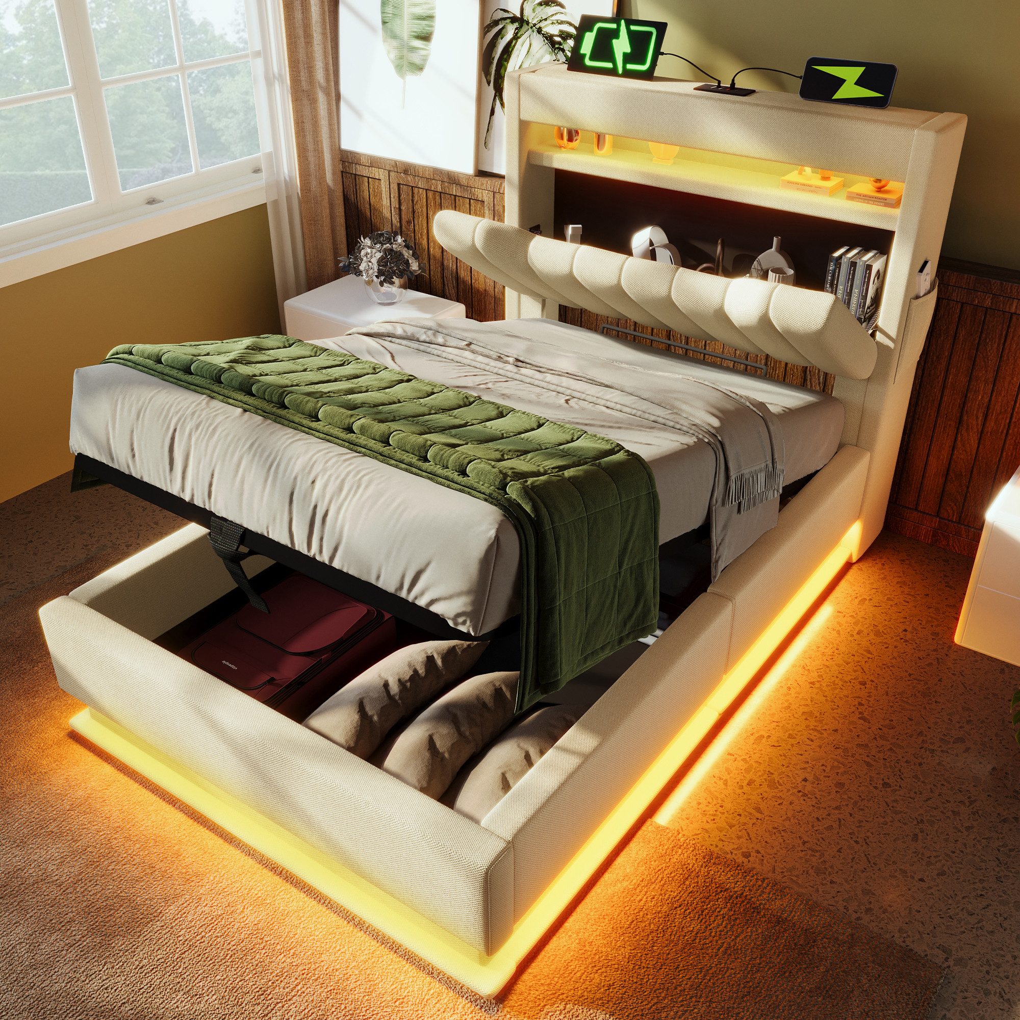 Odikalo Stauraumbett Polsterbett Jugendbett Kopfteil USB Hydraulik 90-180x200cm Beige/Grau