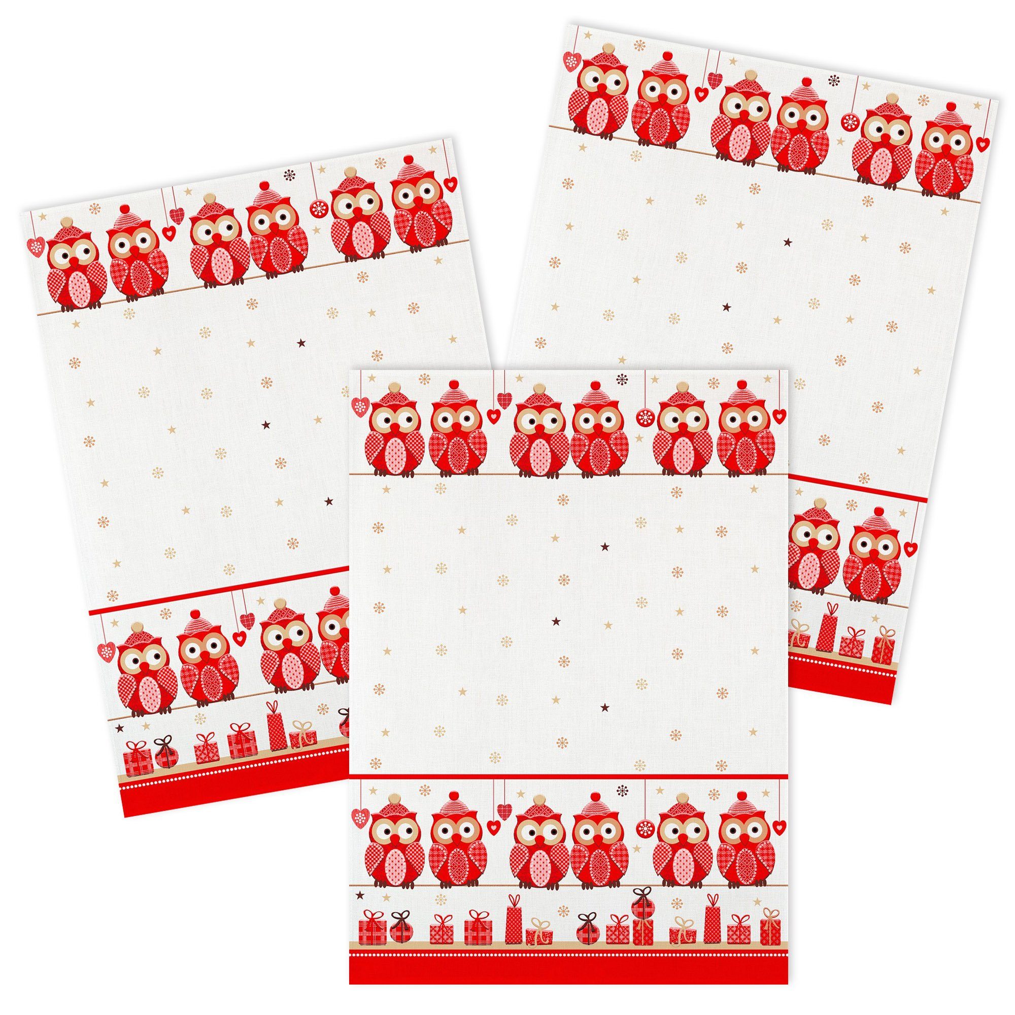 Kracht Geschirrtuch Weihnachtseulen, (Set, 3-tlg., Set), 3er Pack Geschirrtücher (3 Stück), ca. 50 x 70 cm, Halbleinen bedruckt