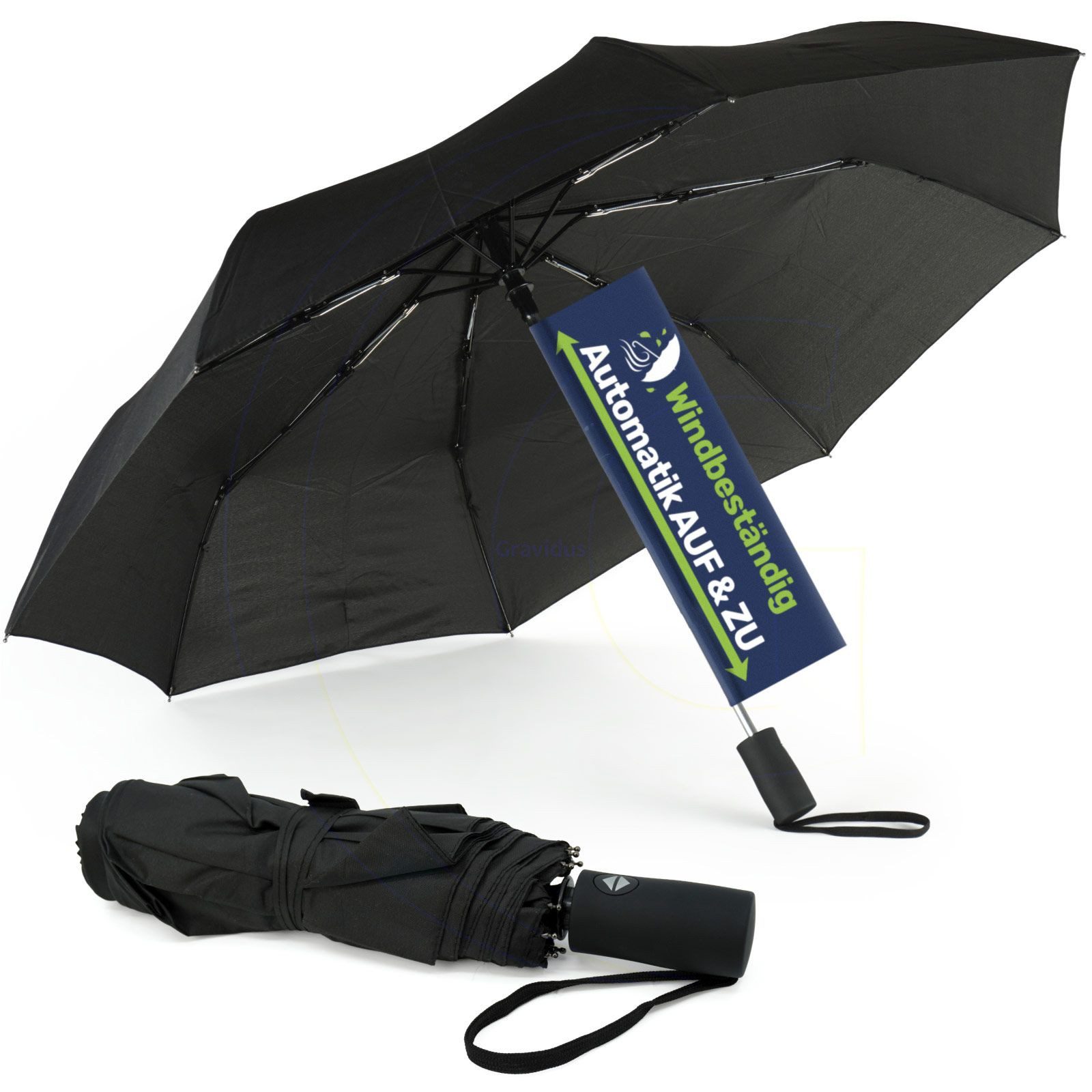 Gravidus Taschenregenschirm Regenschirm Automatiktaschenschirm windfest 97 cm schwarz mit Hülle