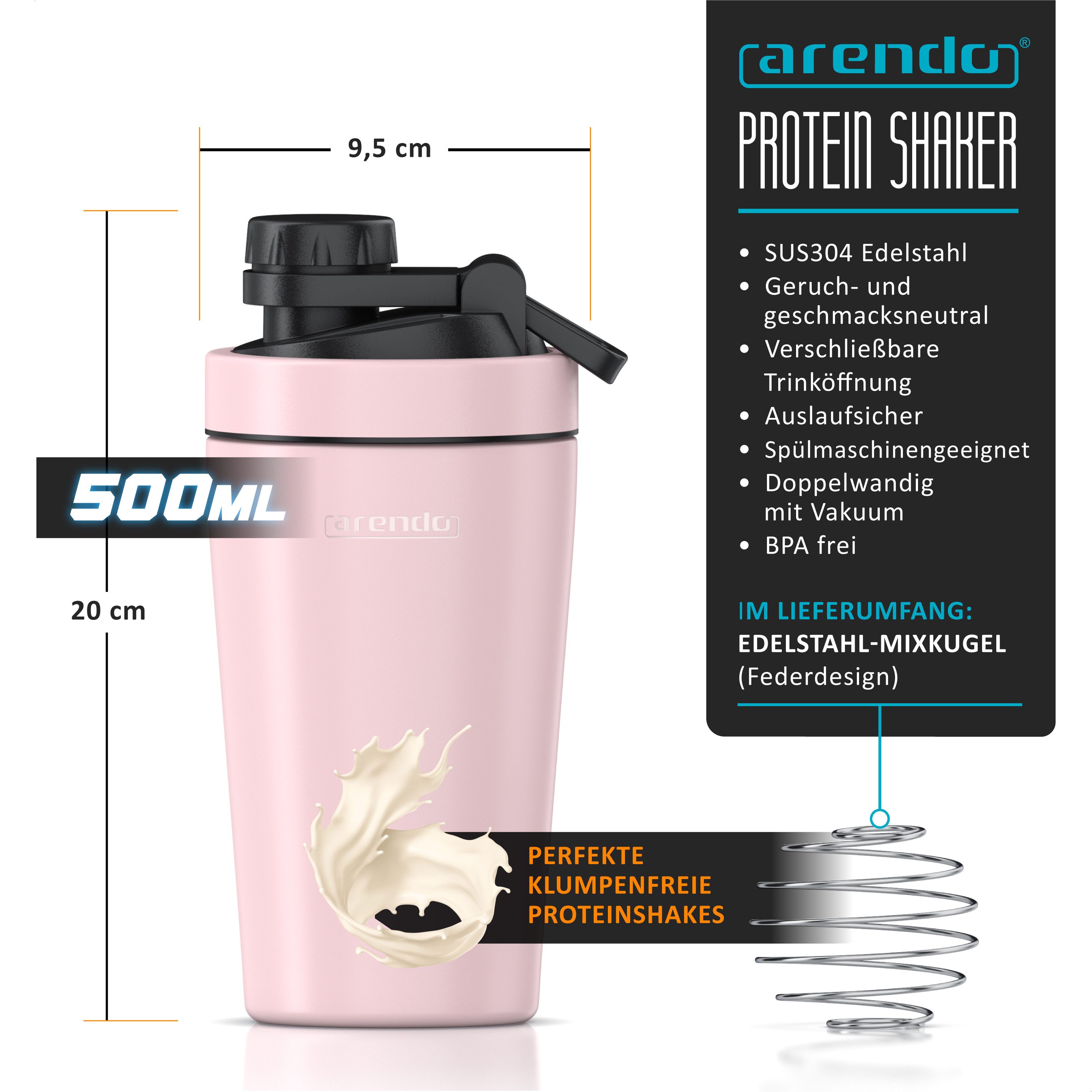 Arendo Protein Shaker Edelstahl Eiweißshaker 500 ml, verschließbar, bruchfest, BPA-frei, Edelstahl, auslaufsicher, spülmaschinengeeignet, mit Tragegriff und Mixball