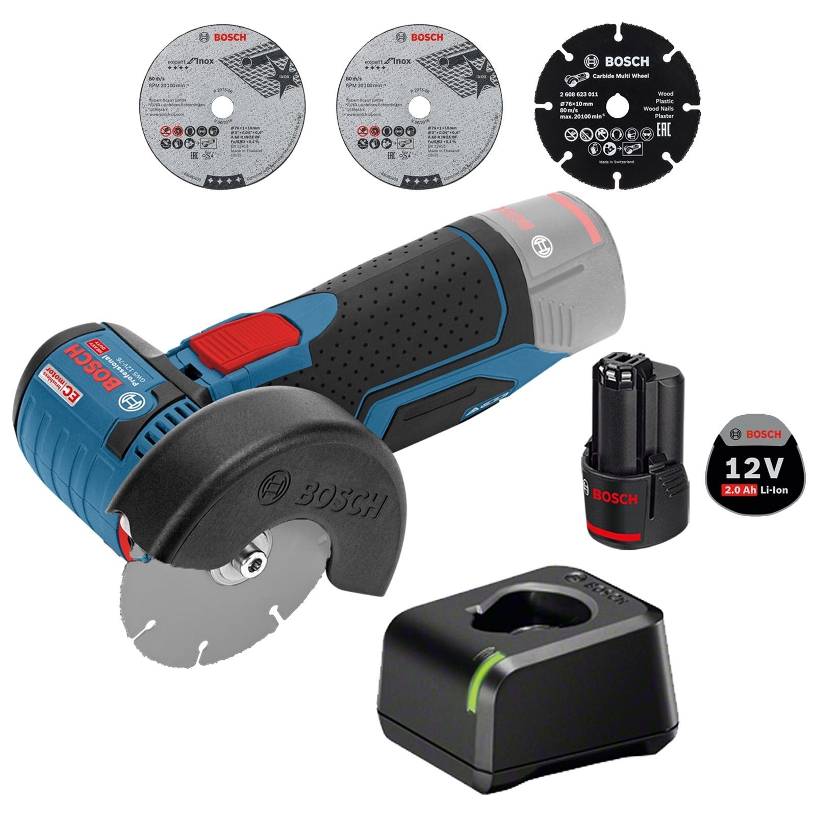 BOSCH Akku-Winkelschleifer Bosch Akku-Winkelschleifer GWS 12V-76 Ø 76 mm/ 1x 2,0 Ah Akku + Ladege