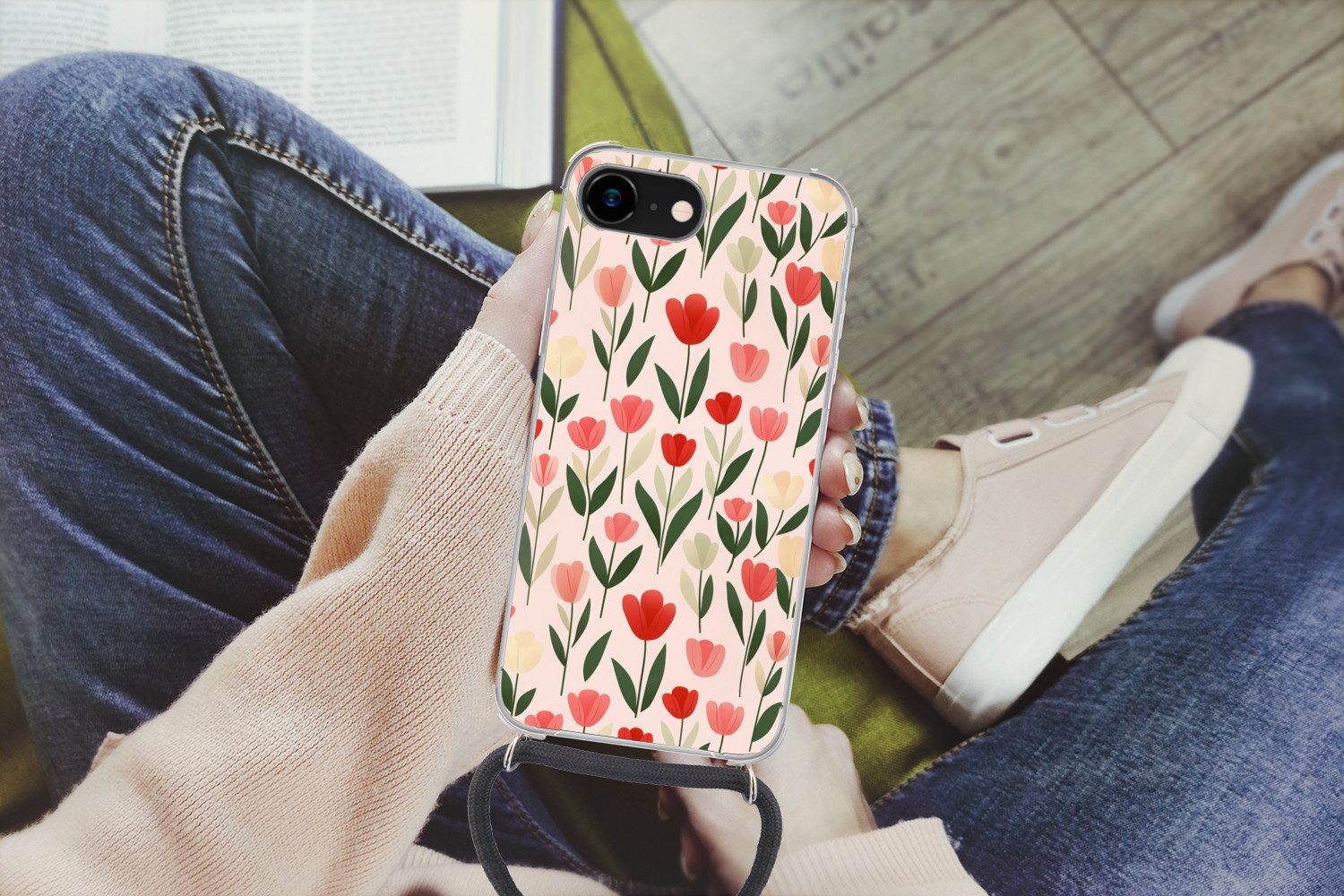 MuchoWow Handyhülle für Apple iPhone 8 Tulpen - Modern - Rosa, Tragbare Handyhüllen mit Kette zum umhängen, Handykette Handyband