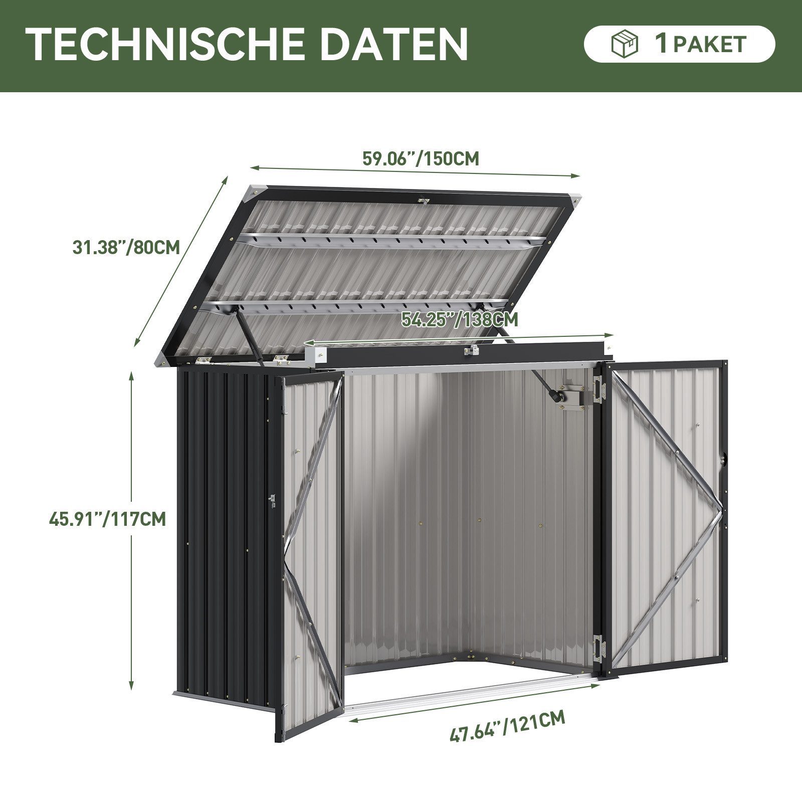 AOXUN Gerätehaus Mülltonnenbox & Schuppen aus Metall, 150x80x117cm, Schwarz, BxT: 150x80 cm, (1 St), Abschließbar, wetterfest, für Garten & Terrasse