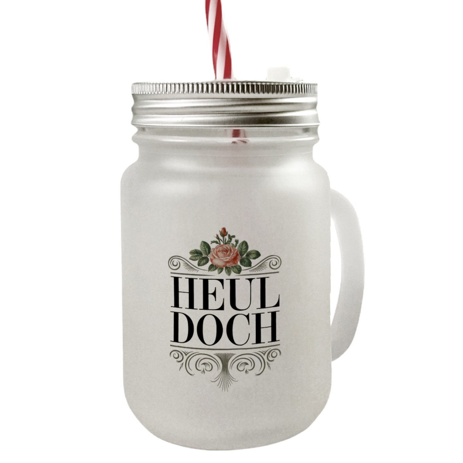 Glas Heul doch Rose Mason Jar Henkel Trinkglas mit Deckel Rosendekor