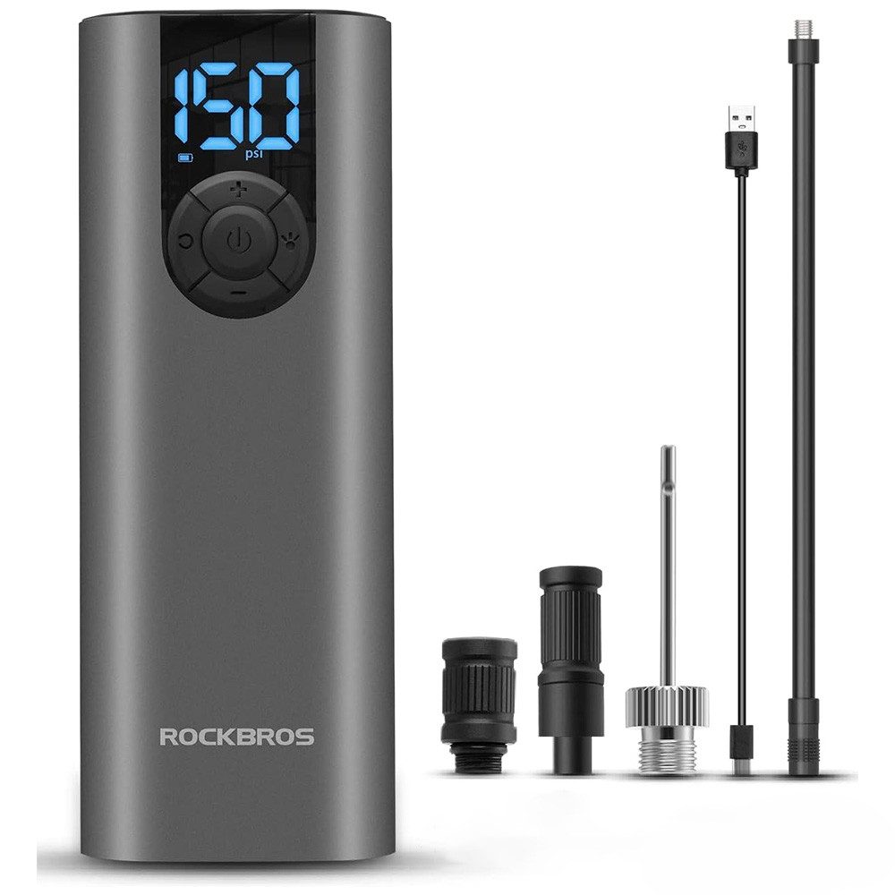 ROCKBROS Fahrradpumpe Akkuluftpumpe Minikompressor Reifenfüller (Spar-Set, 1-tlg., 17 x 6, 5 x 3, 5 cm leicht), 150 psi, LED-Display, Akku, 5 Modi, Leuchte