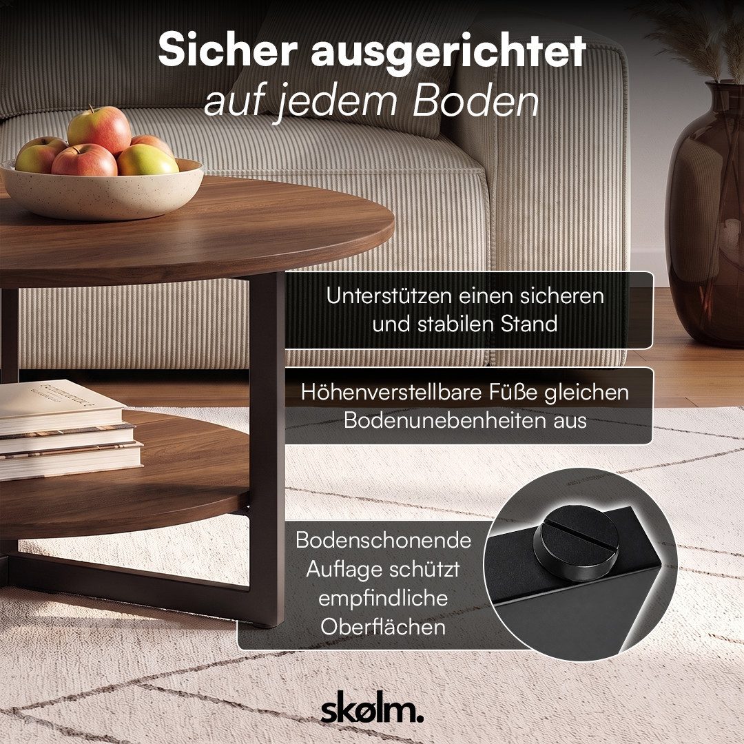 skølm Couchtisch Drakkar aus Massivholz Eiche, Tisch mit Metallgestell (Walnussoptik), Wohnzimmertisch Ø70 cm mit 2 Ablageflächen – Bild 5 von 5