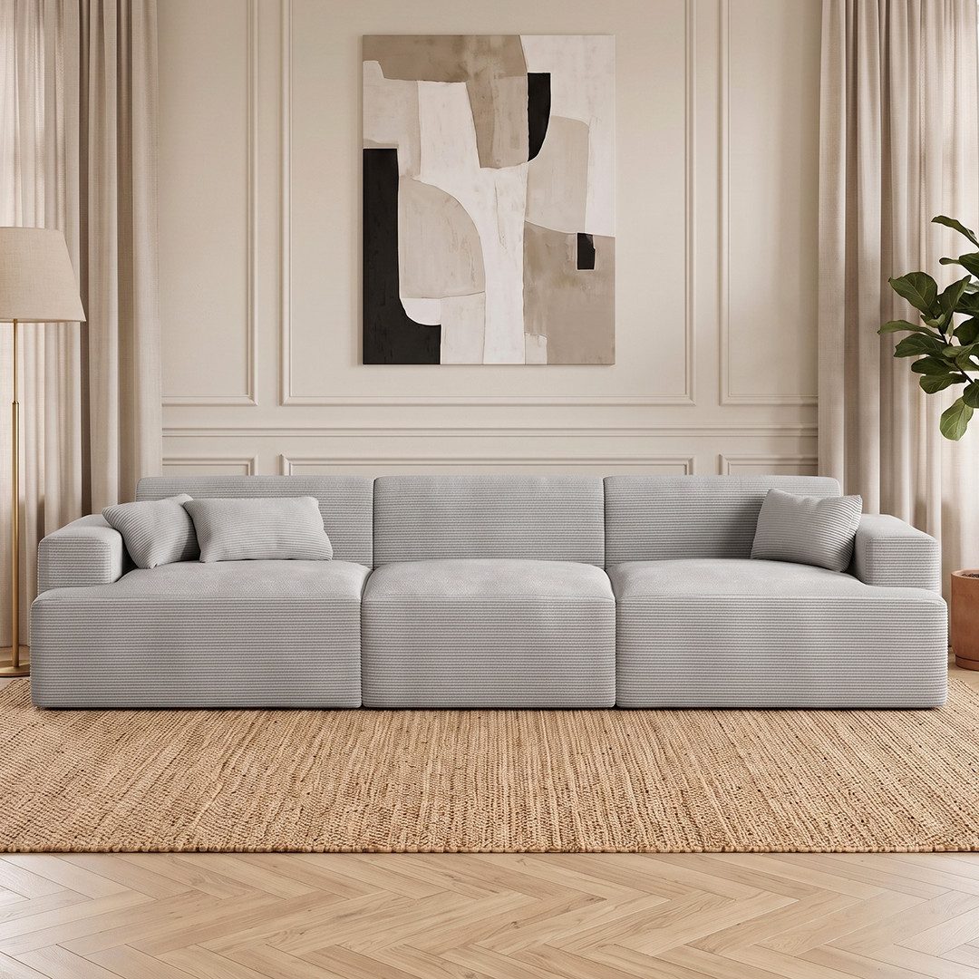 skølm Sofa Freki aus Cord, Vollschaumcouch mit Federkern und Vakuum-Kompression, Grau, Couch 3 Sitzer mit 3 Kissen, kein Aufbau erforderlich, 319 cm breit, gepolstert, vakuumiert