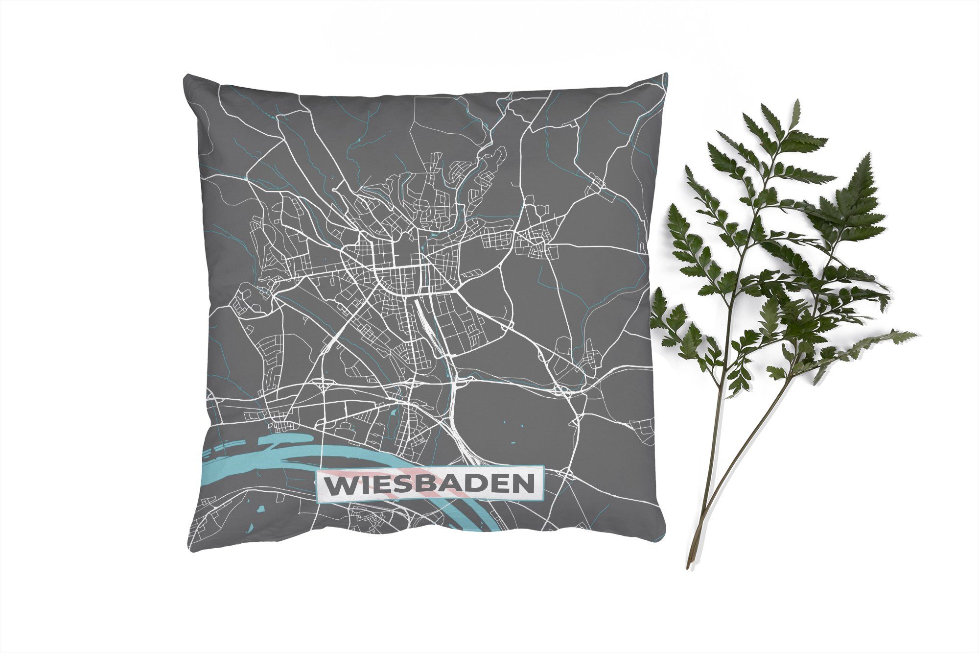 MuchoWow Dekokissen Stadtplan - Deutschland Füllung für Schlafzimmer, - - mit - Zierkissen Sofakissen Wiesbaden Blau Wohzimmer, Deko, Karte