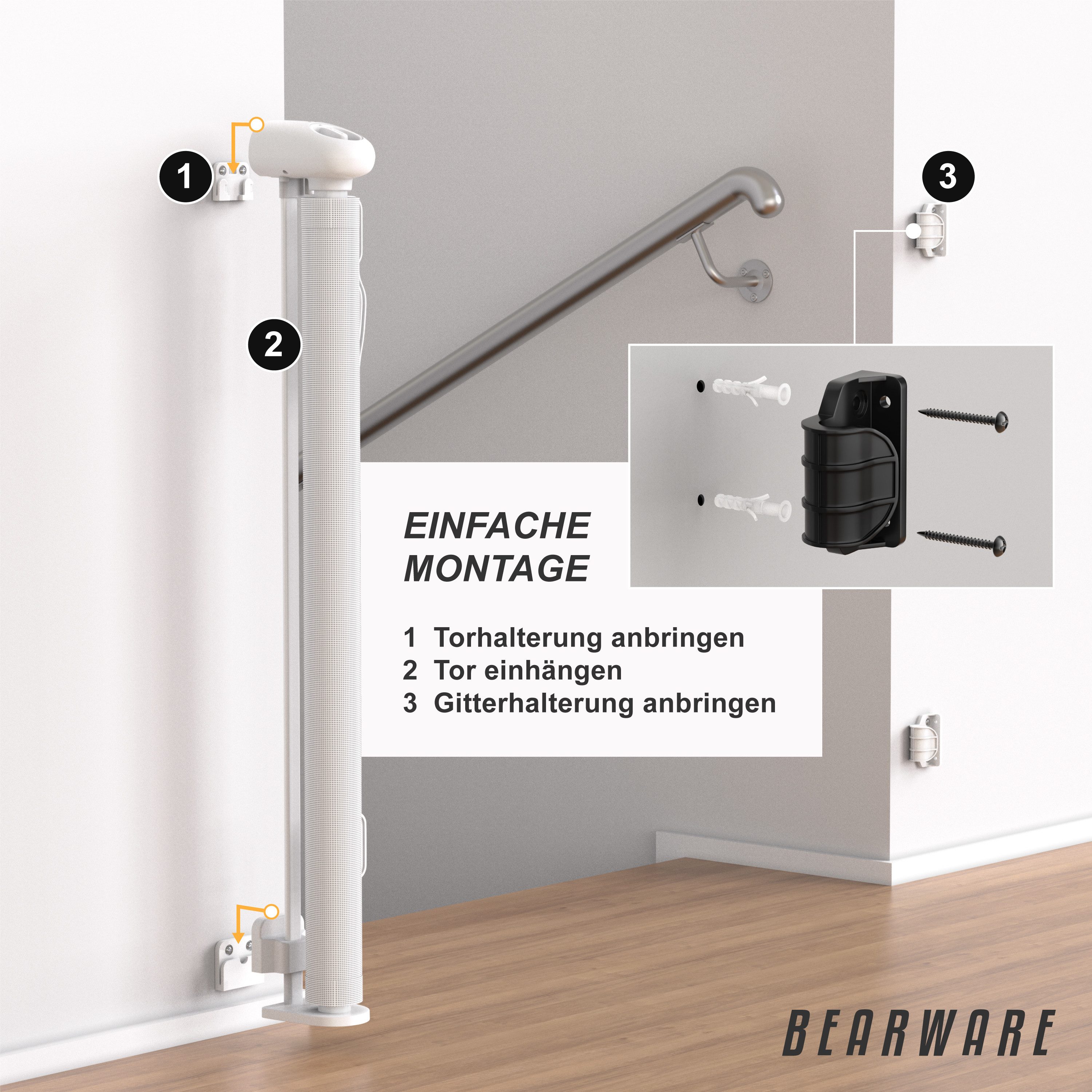 BEARWARE Türschutzgitter Treppenschutzgitter, Baby Schutzgitter, Kindersicheres Absperrgitter (1 St), Kind Sicherheitsgitter 180cm ausziehbar, Hund Safety Gate, Wandmontage