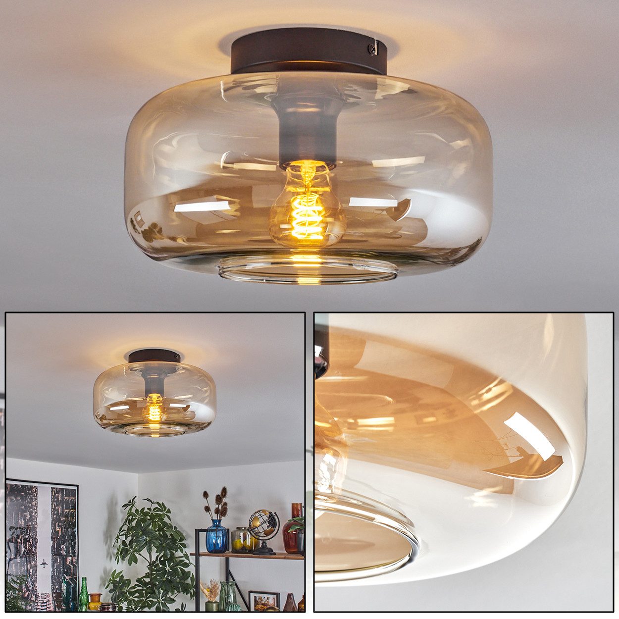 hofstein Deckenleuchte runde Deckenlampe aus Metall/Glas in Schwarz/Bernste günstig online kaufen