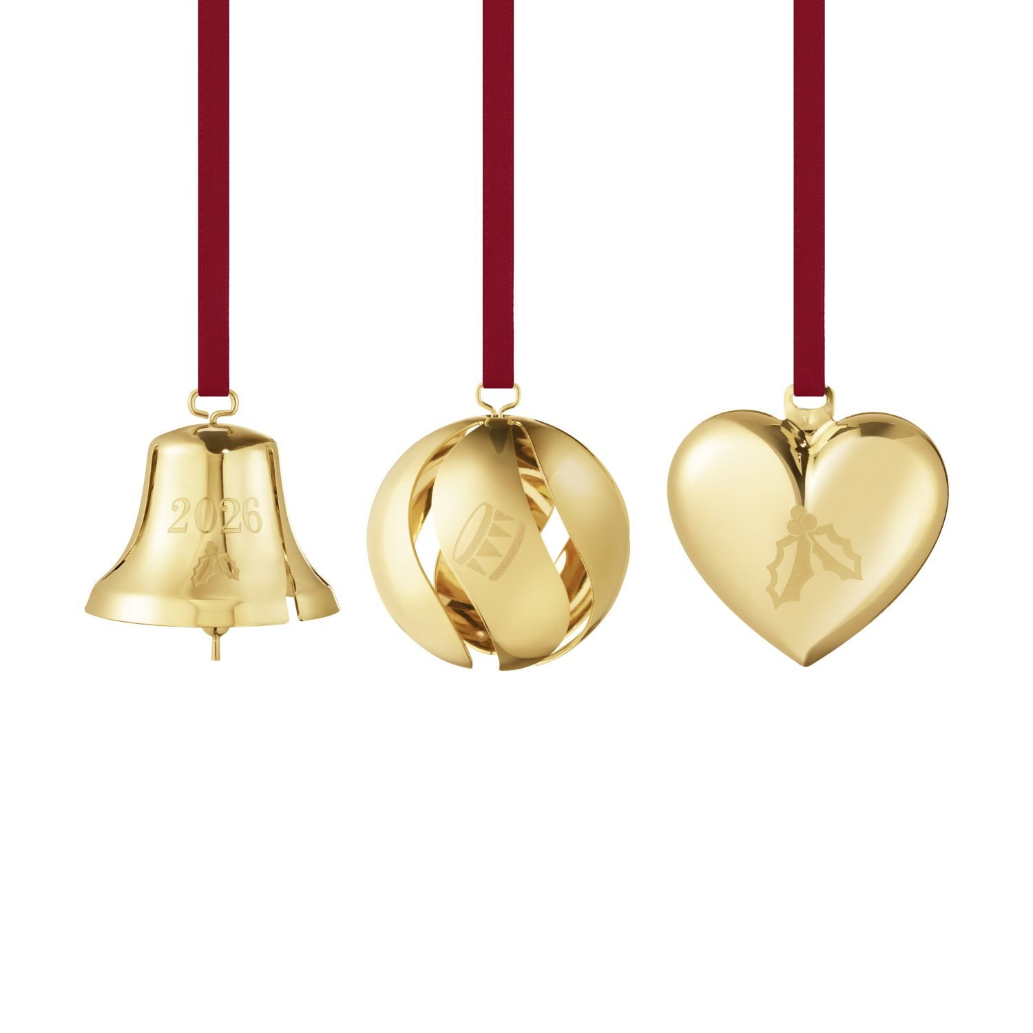 Georg Jensen Christbaumschmuck CC2026 Geschenk-Set Herz, Glocke & Kugel Vergoldet