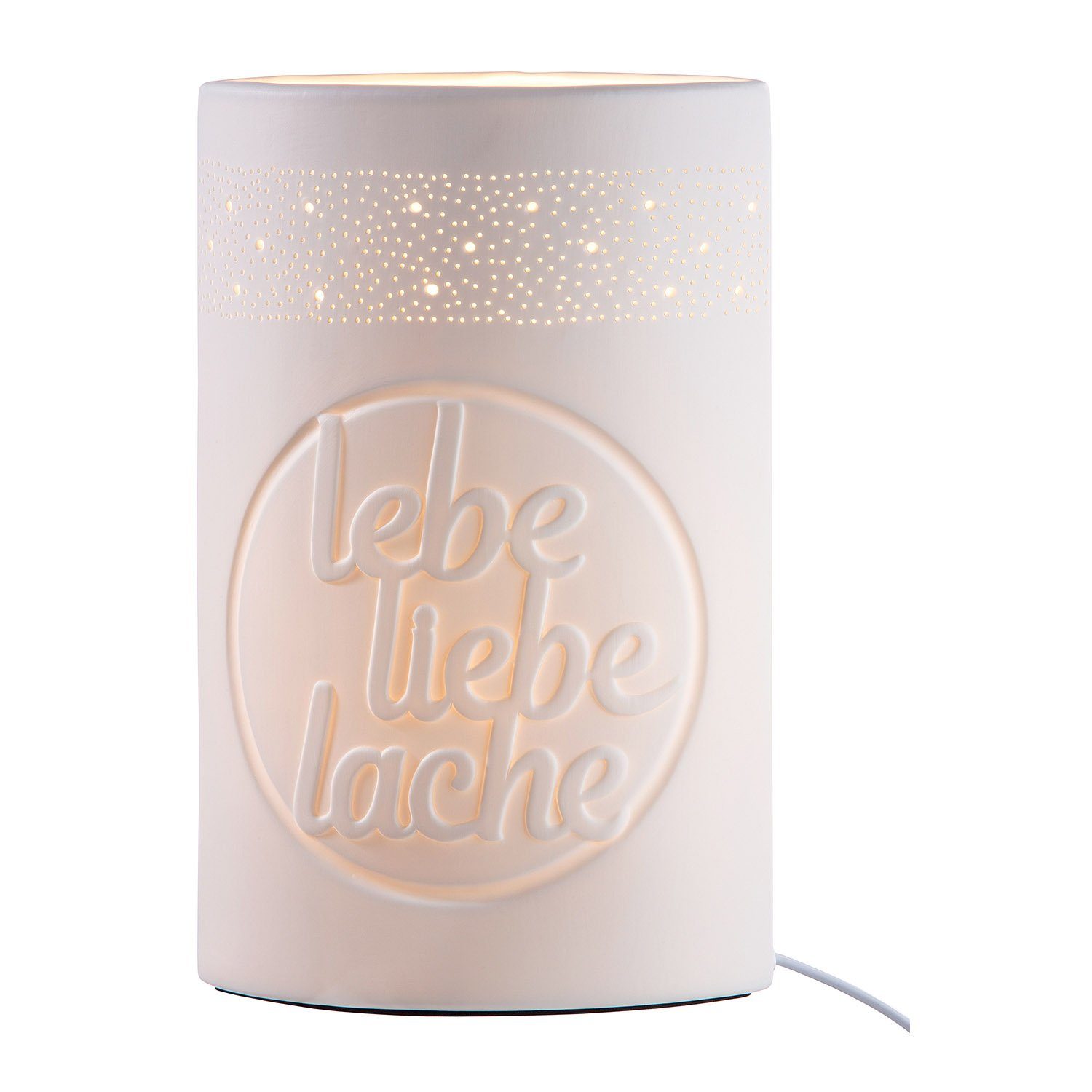 Tischleuchte GILDE Lampe lebe liebe lache - weiß - H. 28,5cm x B. 18cm