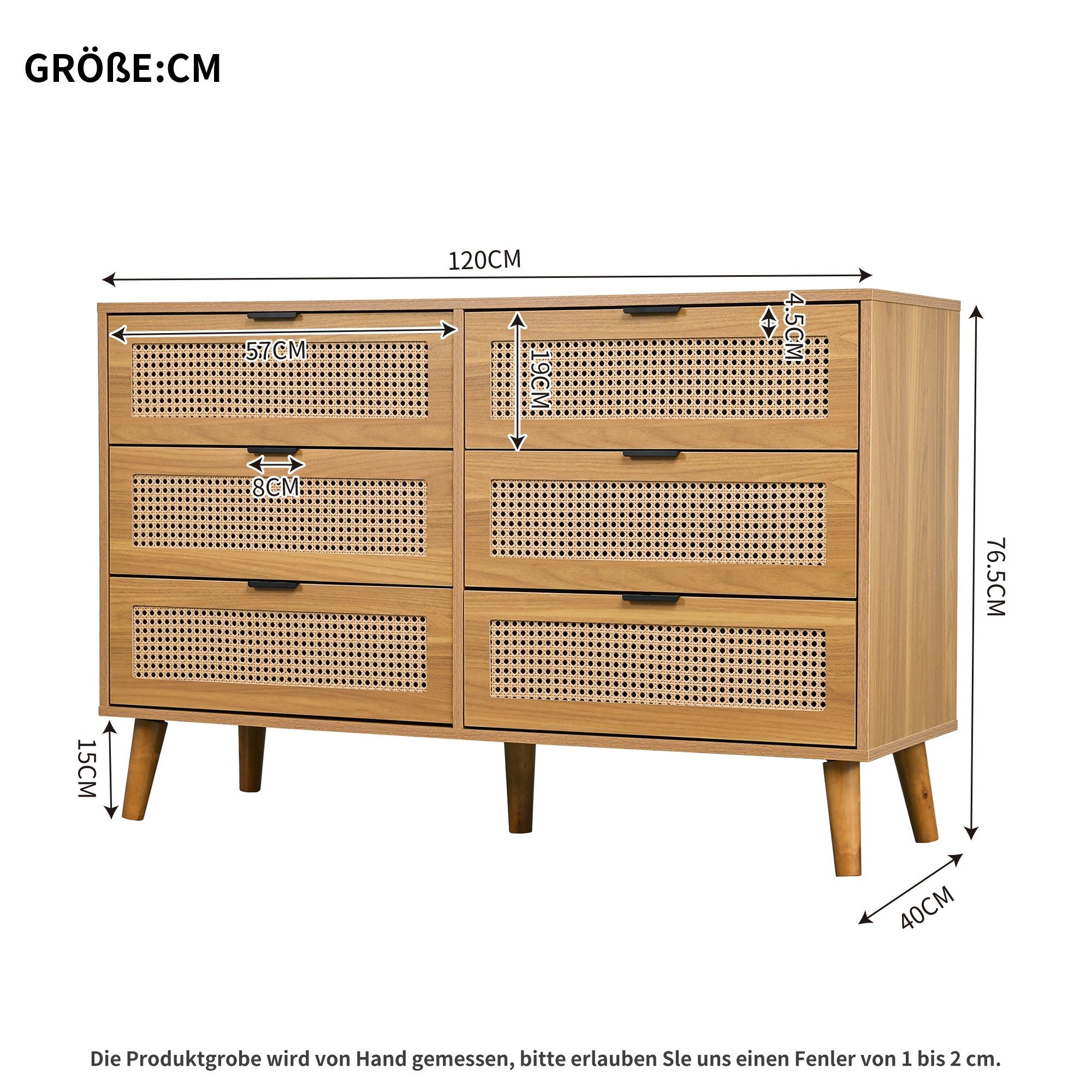 IDEASY Schubkastenkommode Kommode, Sideboard, Aufbewahrungsschrank, Rattan-Schranktür, (Eingangsschrank mit 6 Schubladen, 120 x 76,5 x 40 cm), 5 Beine aus Massivholz, einfach zu montieren
