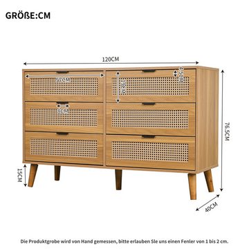 IDEASY Schubkastenkommode Kommode, Sideboard, Aufbewahrungsschrank, Rattan-Schranktür, (Eingangsschrank mit 6 Schubladen, 120 x 76,5 x 40 cm), 5 Beine aus Massivholz, einfach zu montieren