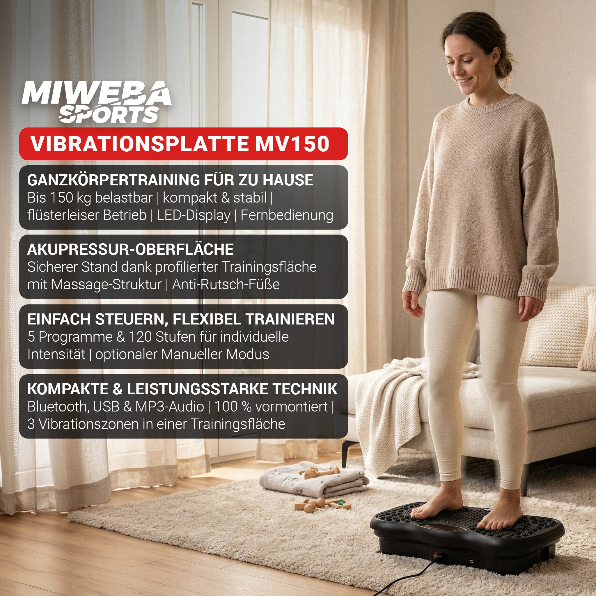 Miweba Sports Vibrationsplatte MV150 Vibrationsplatte für Ganzkörpertraining 5 Jahre Garantie, 150 W, 120 Intensitätsstufen, (Vibrationsplatte, Vibrationsplatte zum abnehmen, Vibrationsplatte für Ganzkörpertraining, Miweba Sports Vibrationsplatte MV150), Bluetooth, Fernbedienung, Touch-Bedienfeld, 5 Jahre Garantie