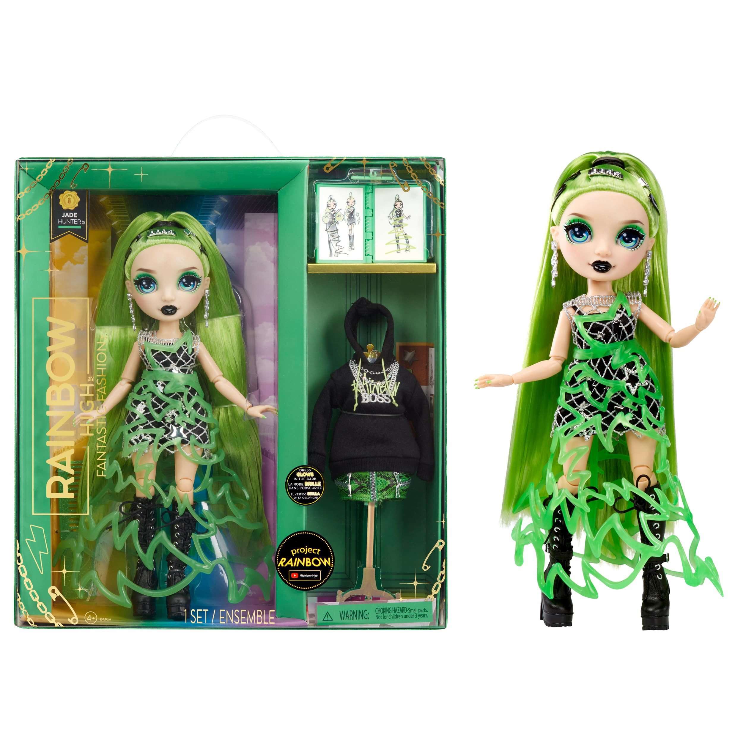 MGA Anziehpuppe Fantastic Fashion Jade Hunter, Voll bewegliche Modepuppe mit 2 kombinierbaren Outfits inklusive Glow-