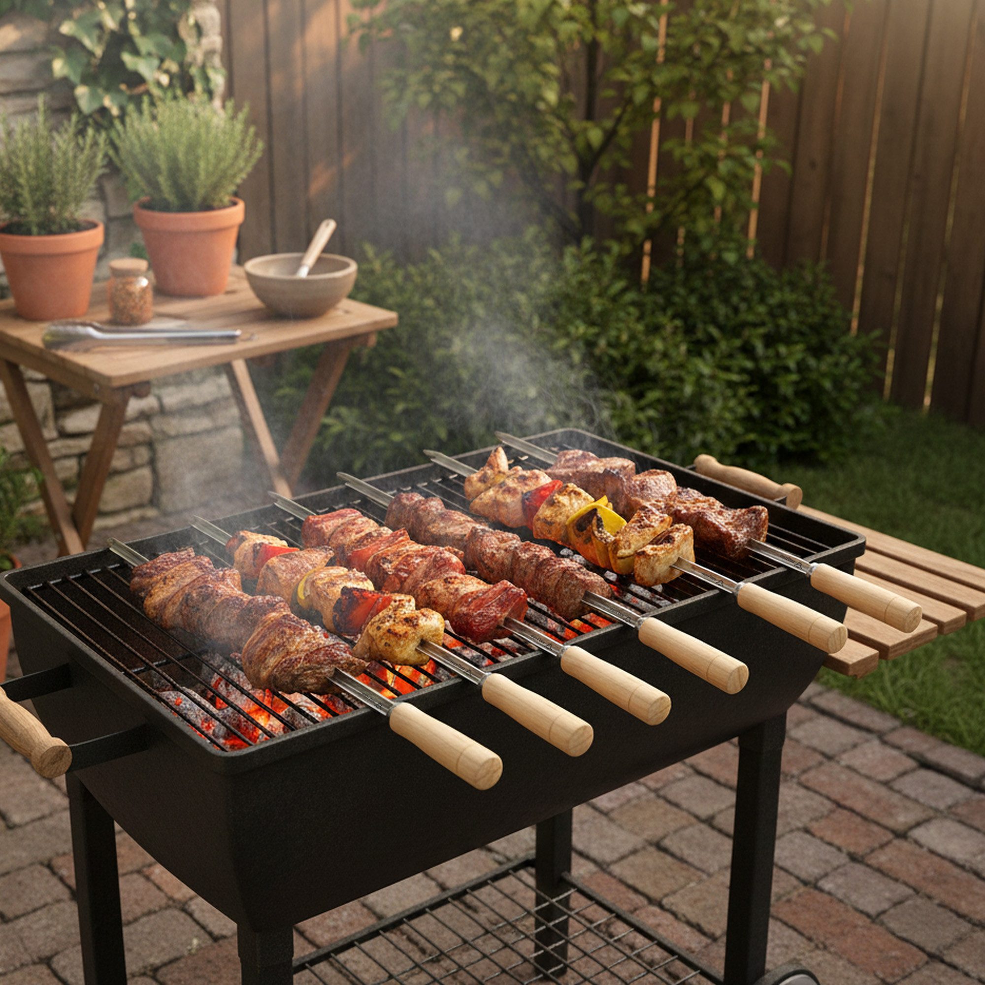 BBQ-Toro Grillspieß Edelstahl Grillspieße mit Holzgriff (10 Stück), 56 cm, Churrasco (Set, 10-St., 10 Stück), Halter mit Grillspießen, für z.B. Schaschlik, Gemüse, aus Edelstahl
