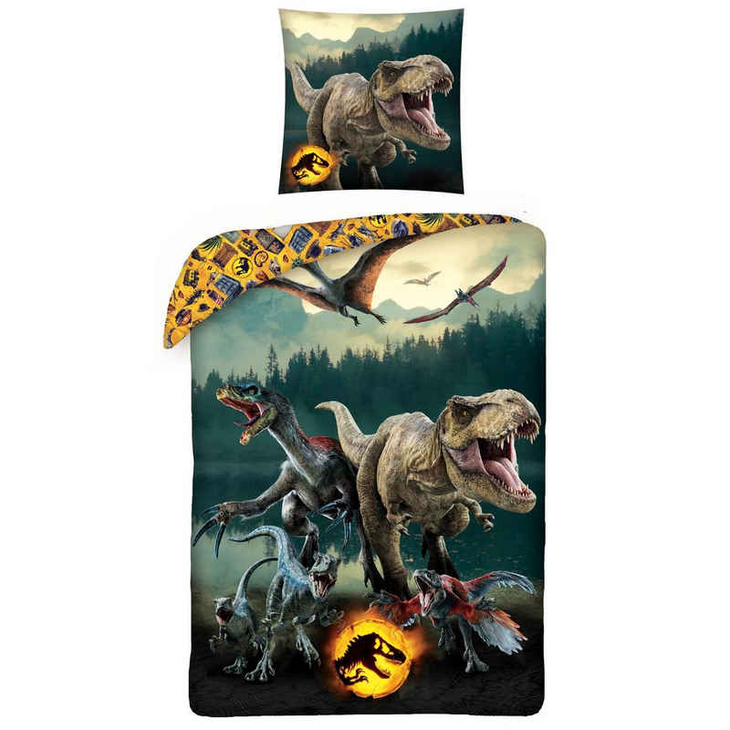 Bettwäsche Jurassic World Dinosaurier 135x200 + 80x80 cm, 100 % Baumwolle, MTOnlinehandel, Renforcé, 2 teilig, Dino JW: Ein neues Zeitalter Kinder- und Teenagerbettwäsche