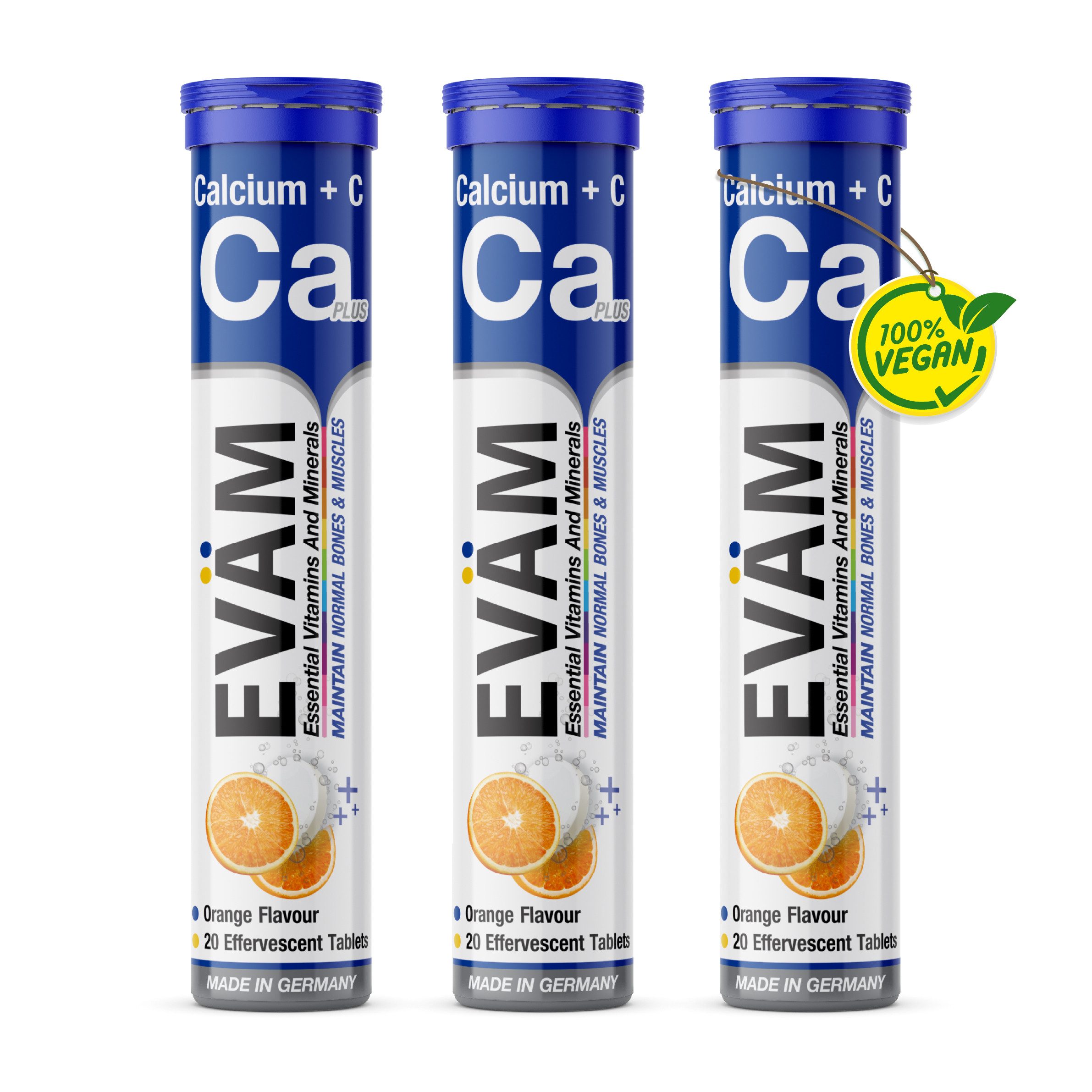 EVÄM EVÄM Calcium + Vitamin C Brausetabletten Geschmack Orange Brausetabletten, Set aus Röhrchen à 20,00 St., 246 g 12000 ml, Inhalt in ml ist die Gesamtmenge aufgelöst nach Dosierungsempfehlung