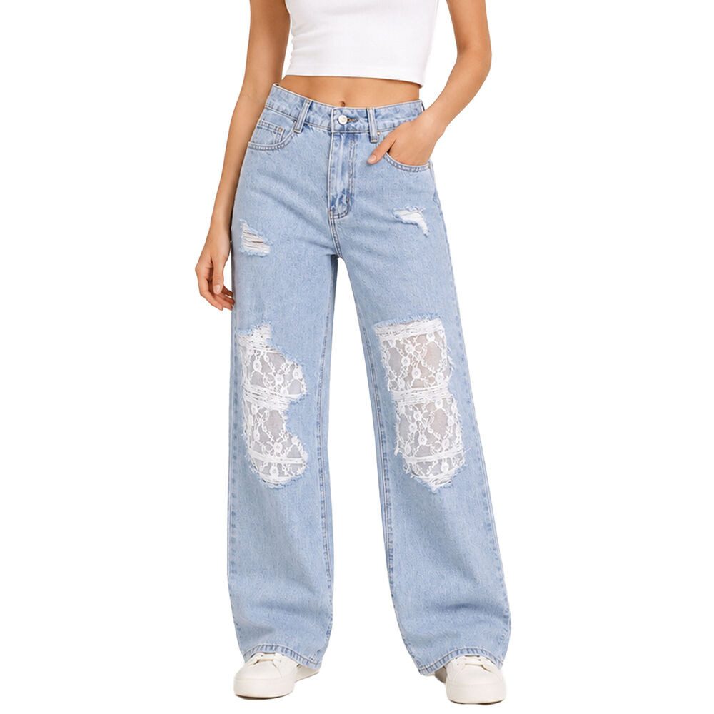 Ital-Design Weite Jeans Damen Wide Leg Jeans mit Spitze Destroyed Look (91978461) Applikation Relaxed Fit Jeans in Blau