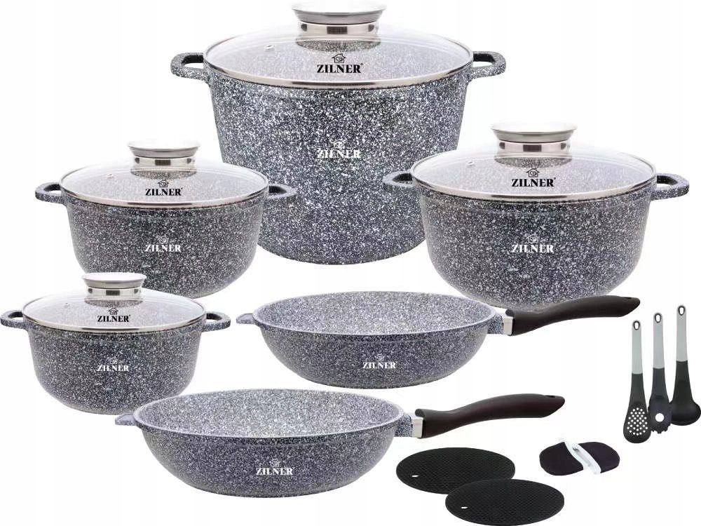 Zilner Topf-Set Schöne graue Töpfe in verschiedenen Größen Pfannen Steinbeschichtung, Aluminiumguss, Aluminium, Keramik, Edelstahl (1.3L / 2.3L / 2.4L / 3.4L / 4.5L / 10.2L, 17-tlg., Es ist eine perfekte Geschenkidee für jeden Anlass. Bestseller-Topfset), Innovative Aroma Knob-Griffe