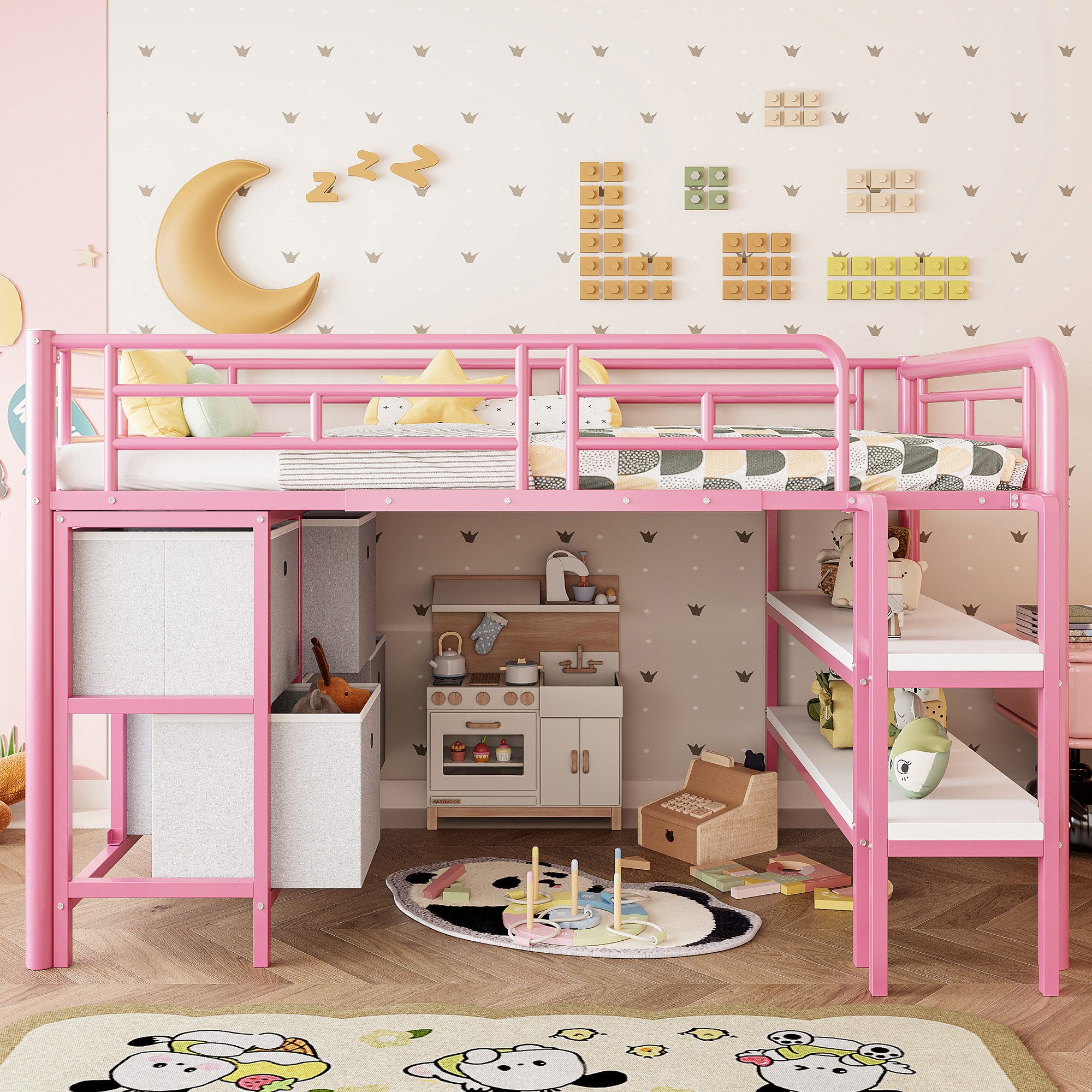 Merax Hochbett mit abgerundeten Ecken (Etagenbett Jugendbett Einzelbett, 1-St) Metallbett Kinderbett 90x200cm mit Treppe Schubladen Regalen Stauraum