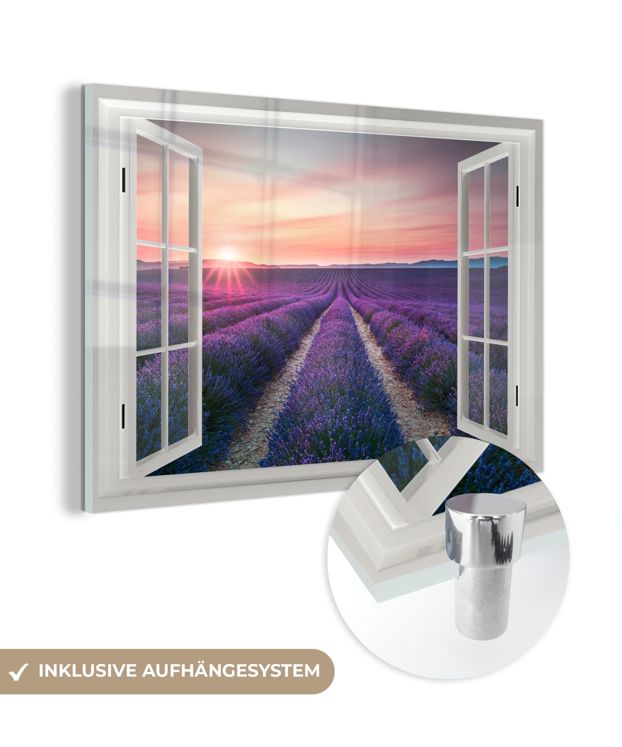 MuchoWow Acrylglasbild Vista - Sonnenuntergang - Lavendel, (1 St), Glasbilder - Bilder auf Glas Wandbild - Foto auf Glas - Wanddekoration