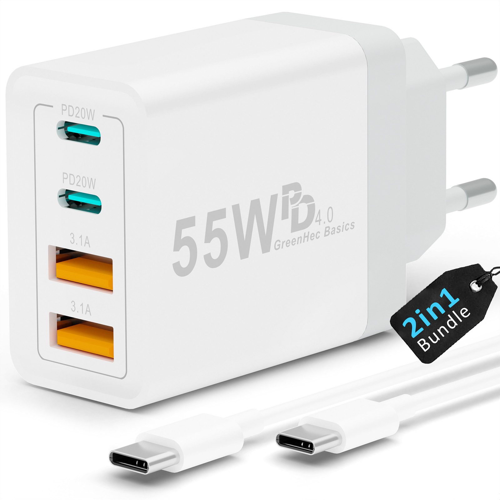 GreenHec Schnellladegerät USB-C iPhone mehrfach Handy Stecker Adapter mit Kabel USB-Ladegerät (0,00 mA, Spar-Set, 55w Quarto Charger + 1m USB-C Kabel, iPhone 17 16 15 14 13 12 iPad Pro Max Air Netzteil + 1m Ladekabel Fast)