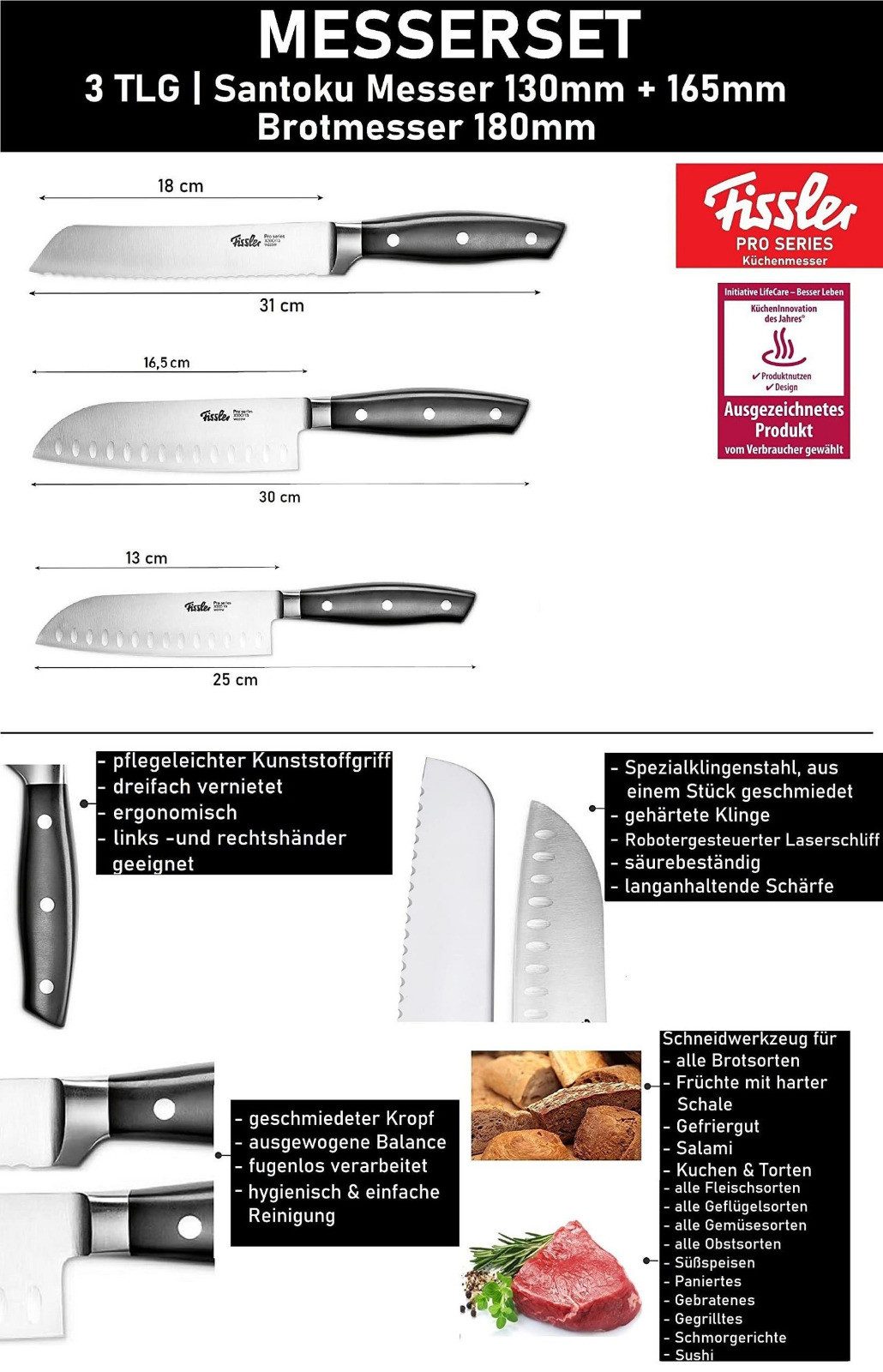 Fissler Messer-Set Profi Messer - Edelstahl Messer mit Spezialklinge, Messerset, Küchenmesser Fleischmesser, Allzweckmesser Sushi Messer