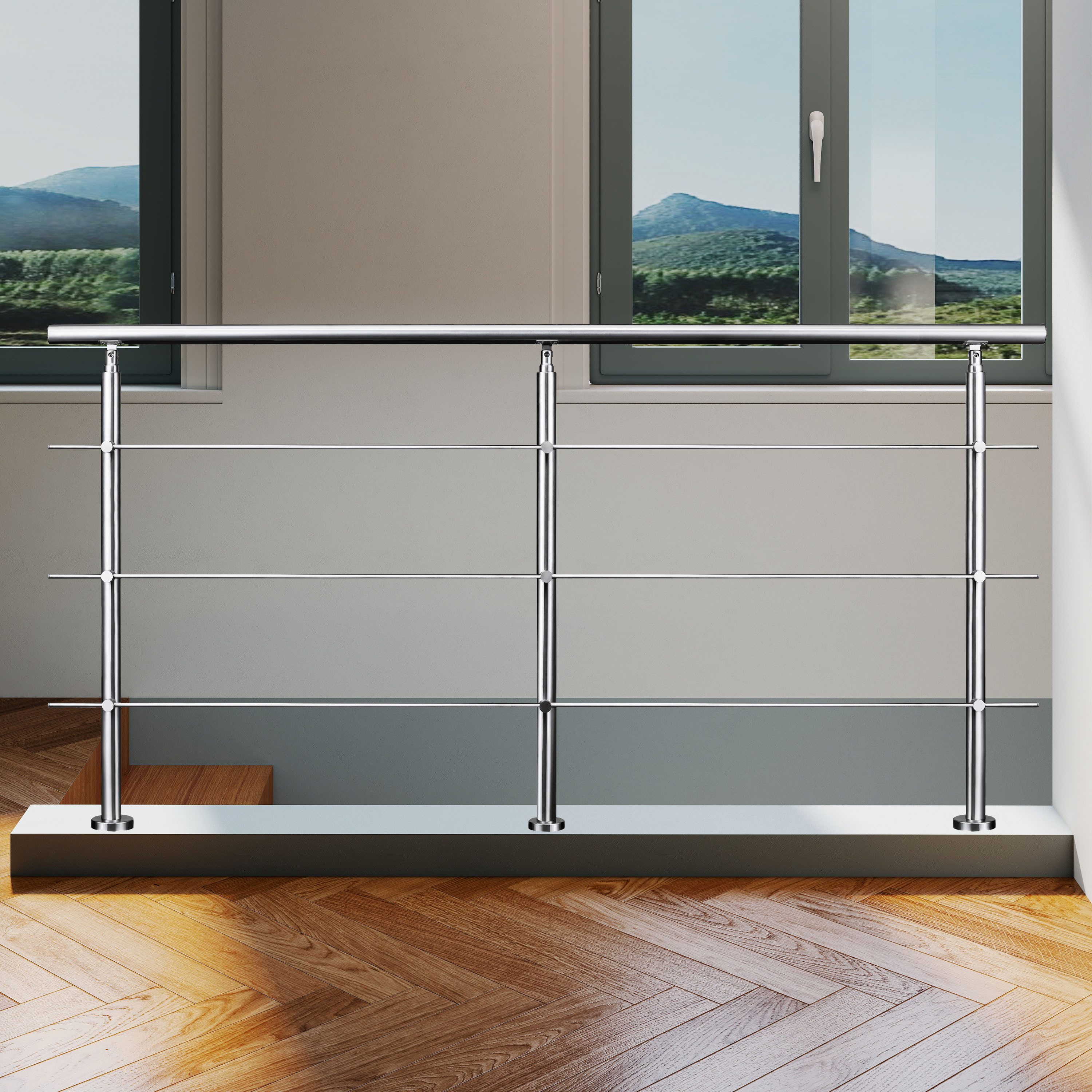 AICA Treppengeländer AICA Edelstahl-Geländer mit Handlauf, Länge 200/220/240 cm, 220 cm Länge, Packung, 3-tlg., Bodenmontage, 3 Pfosten und 3 oder 5 Querstäbe,  – Bild 3 von 5