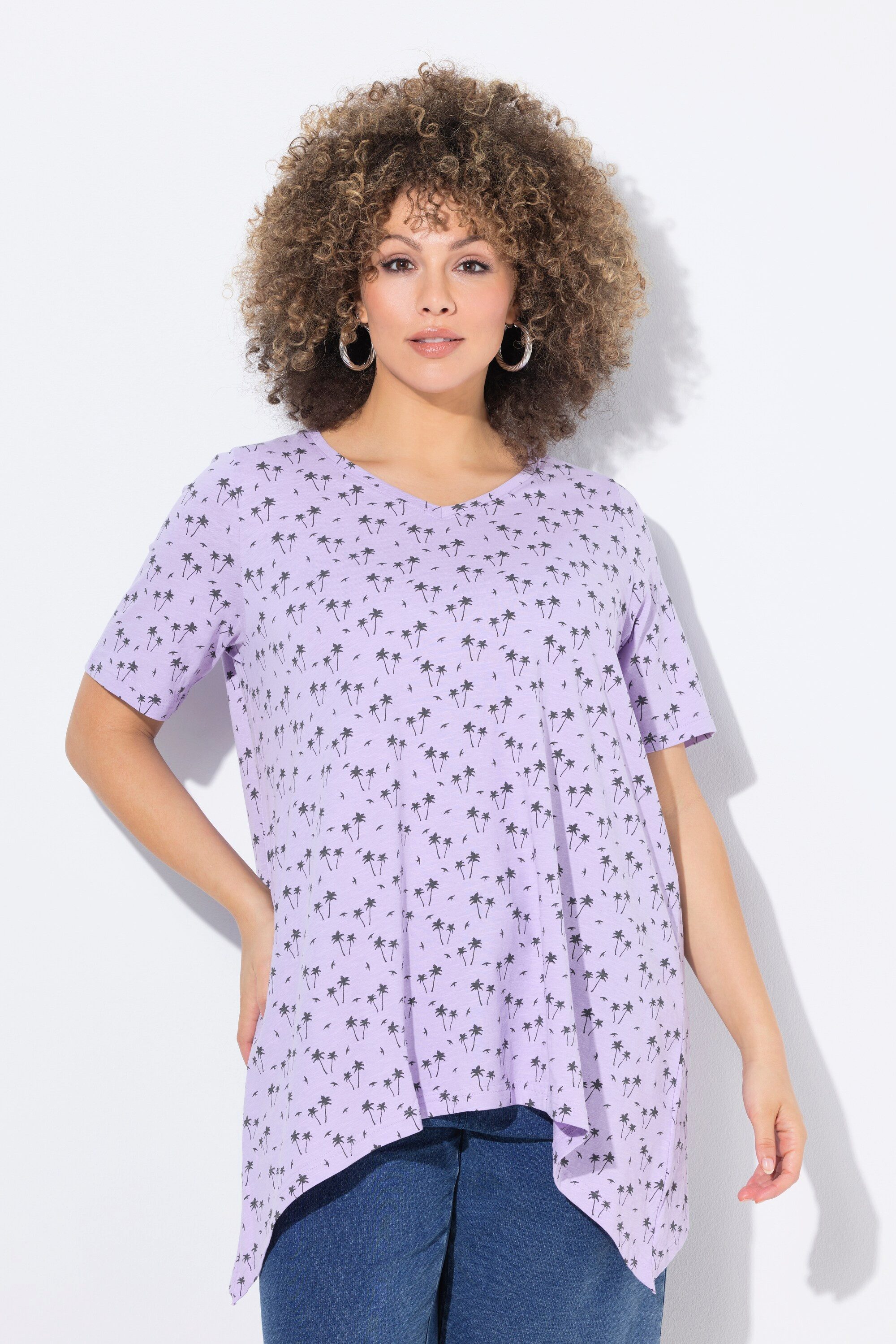 Ulla Popken T-Shirt T-Shirt Palmen A-Linie V-Ausschnitt Halbarm günstig online kaufen