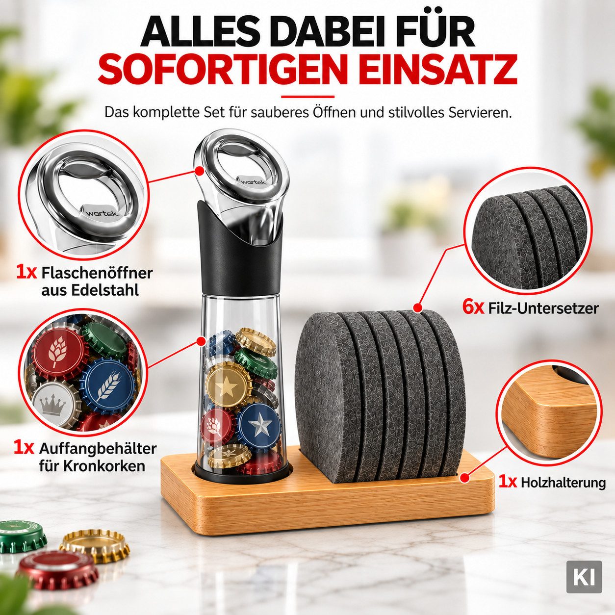 wortek Flaschenöffner Getränkeöffner mit Auffangbehälter Bieröffner (Set, 2-tlg., Flaschenöffner mit Kronkorken Sammler), Geschenk für Männer und Bierliebhaber  – Bild 2 von 5
