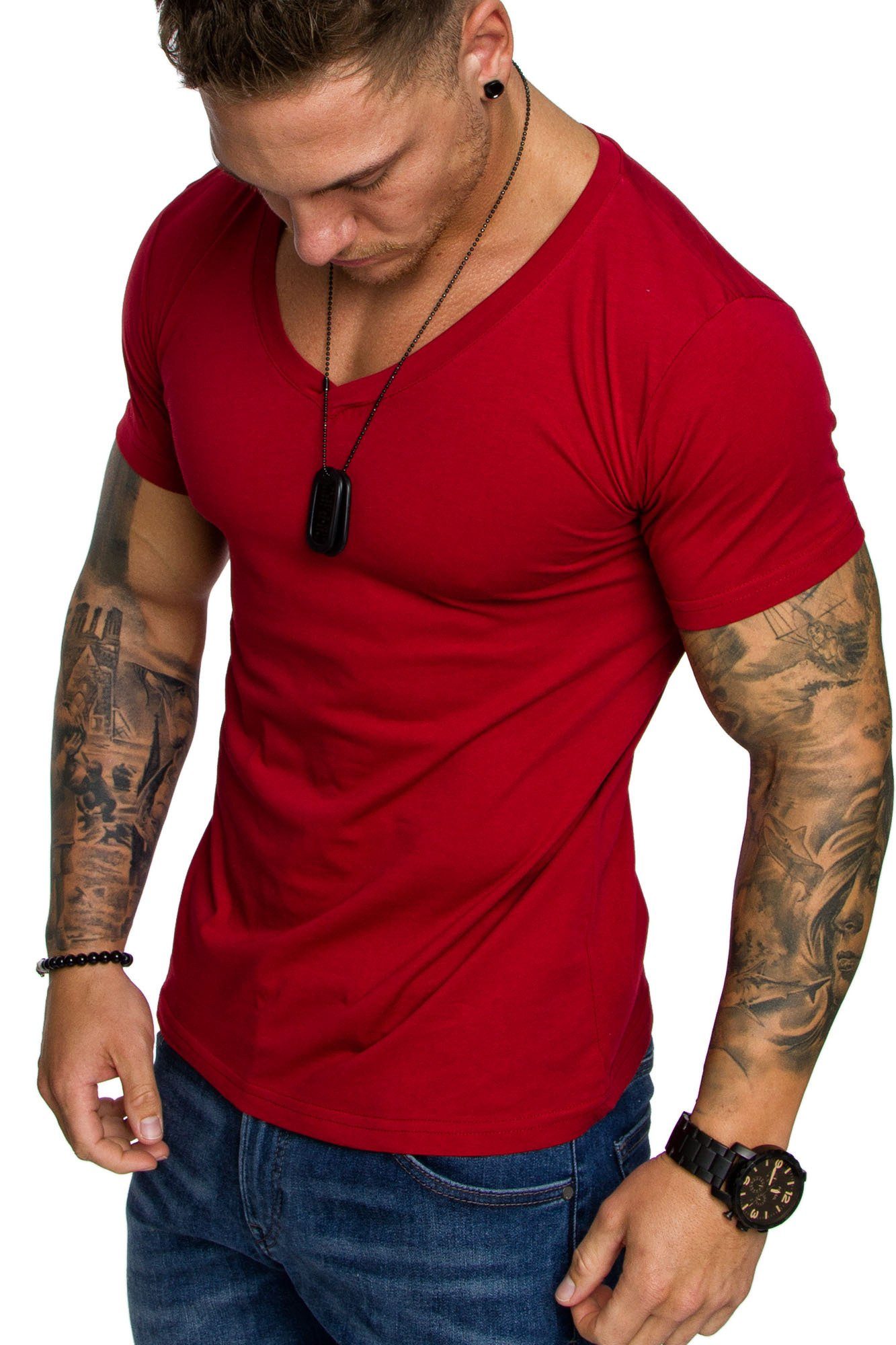 Amaci&Sons T-Shirt EUGENE Basic T-Shirt mit V-Ausschnitt Herren Einfarbig Vintage V-Neck Basic V-Ausschnitt Shirt Rot