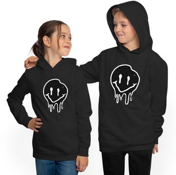 MyDesign24 Hoodie Kinder Kapuzen Sweatshirt zerlaufender Smiley - Kinder Hoodie Schwarzer Kapuzensweater mit Aufdruck, i292