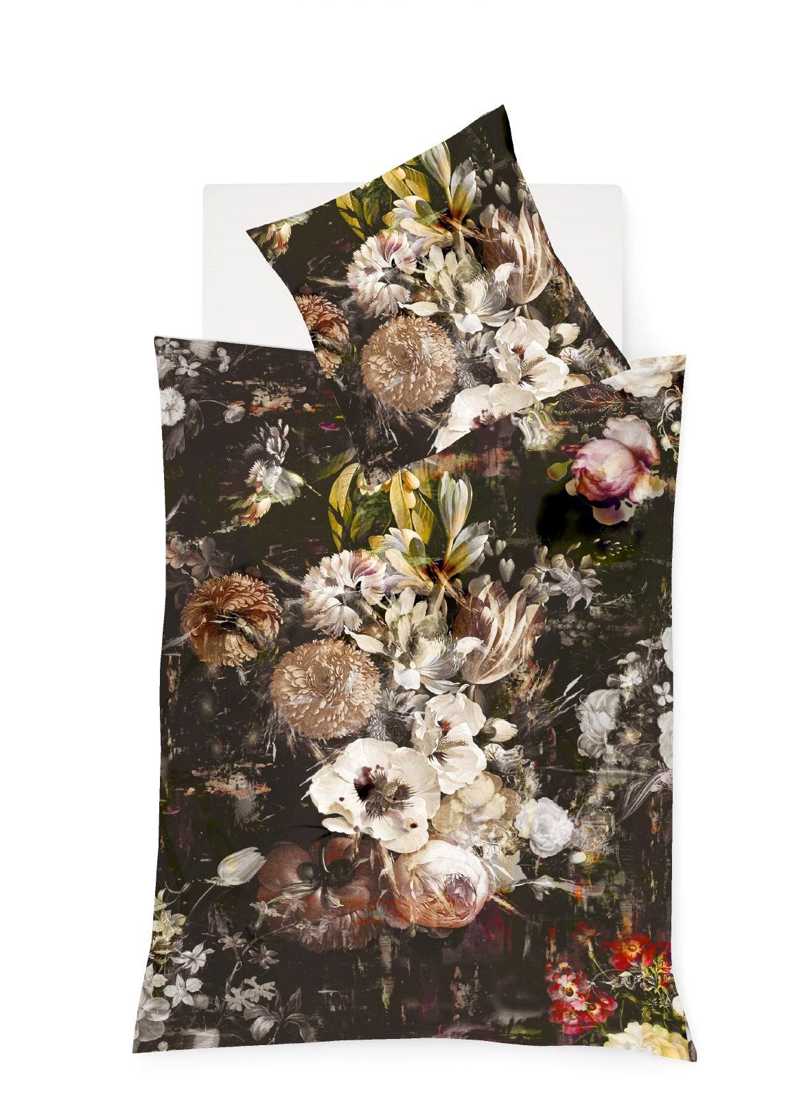 fleuresse Bettwäsche Fleuresse Mako-Satin Bettwäsche 135x200 Blüten Rosen grau braun Wende, Mako-Satin, 2 teilig