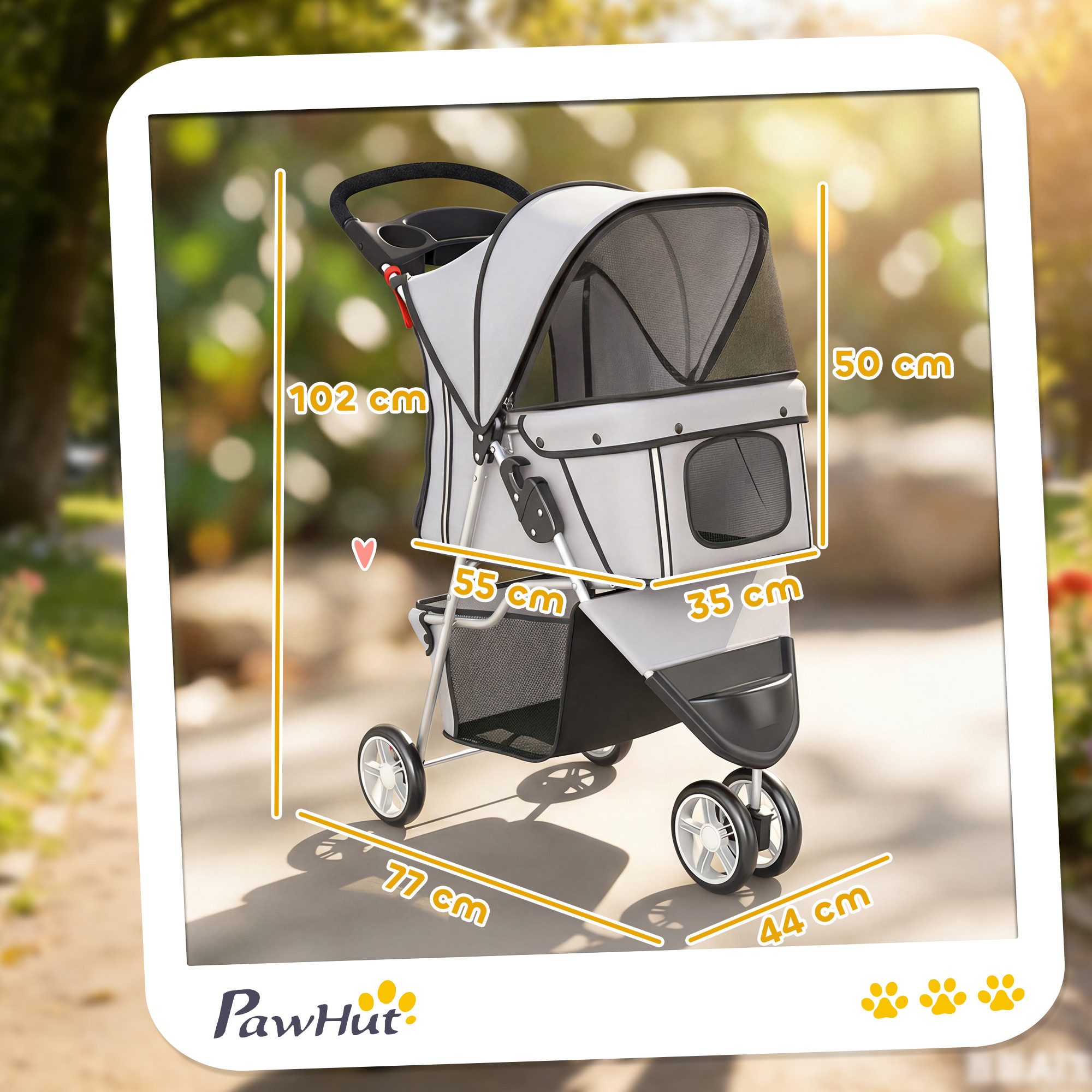 PawHut Hundebuggy Katzenwagen Haustierbuggy verstellbares Verdeck Aufbewahrungskorb, (klappbar Hundewagen, 1-tlg), für kleine Hunde bis 10kg, Grau