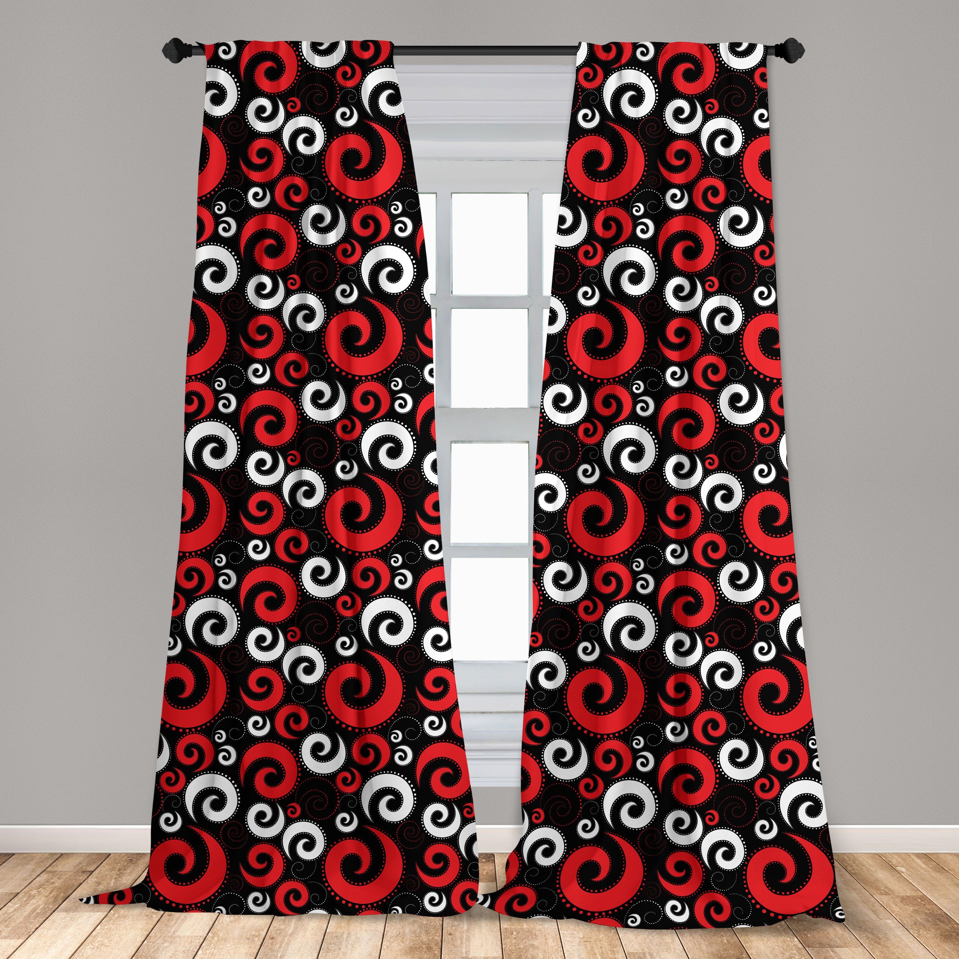 Gardine Vorhang für Wohnzimmer Schlafzimmer Schwarz Punkte und Spiralen Rot Abakuhaus, Microfaser, Dekor, und
