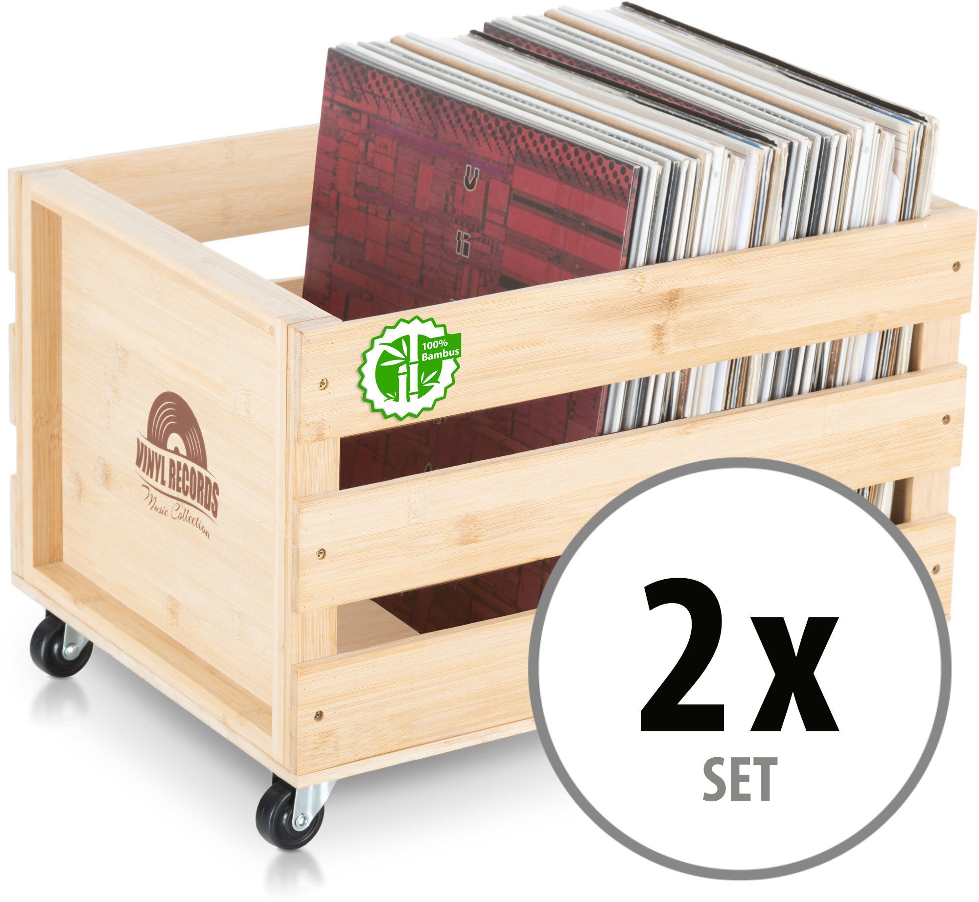 Stagecaptain Holzkiste Emil 2er-Set Schallplattenkisten Bambus Natur für bis zu 200 LPs (2 St., 2er Set), für bis zu 100 LPs - aus Vollholz im Retro-Design