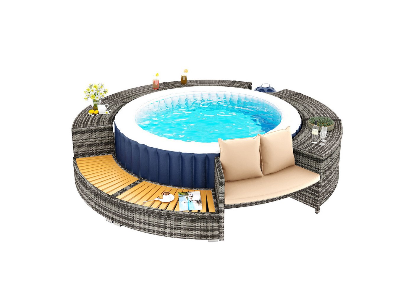 Thumbnail - XDOVET Whirlpool Spa-Pool, Poolumrandung, PE-graues Rattan und Akazienholz, Stauraum, Lounge-Set, mit verstellbaren Füße...