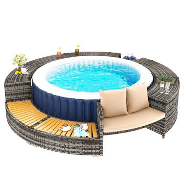 XDOVET Whirlpool Spa-Pool, Poolumrandung, PE-graues Rattan und Akazienholz, Stauraum, Lounge-Set, mit verstellbaren Füßen mit Stauraum
