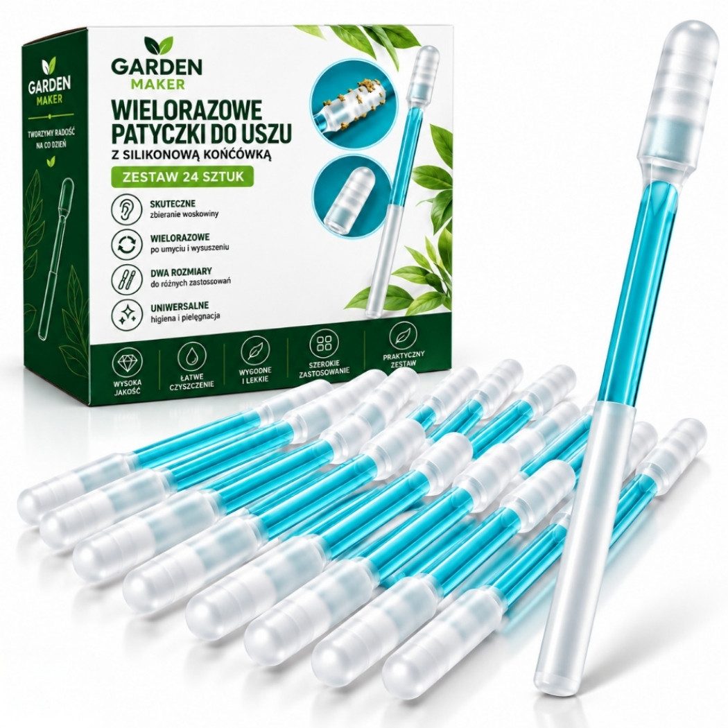 Garden Maker Wattestäbchen Abwaschbare Pflege- und Reinigungsstäbchen mit Silikonspitzen 24er-Set, für äußere Ohrenpflege, Make-up-Korrekturen und Detailreinigung